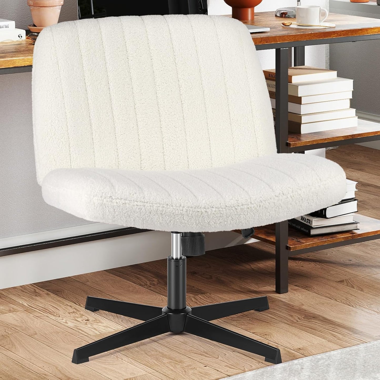 Sweetcrispy Criss Cross Chair Legged, Armless Office Swivel Desk Chair No Wheels, Vanity Height Adjustable Wide Seat Computer Task Seating - Teddy Cream
