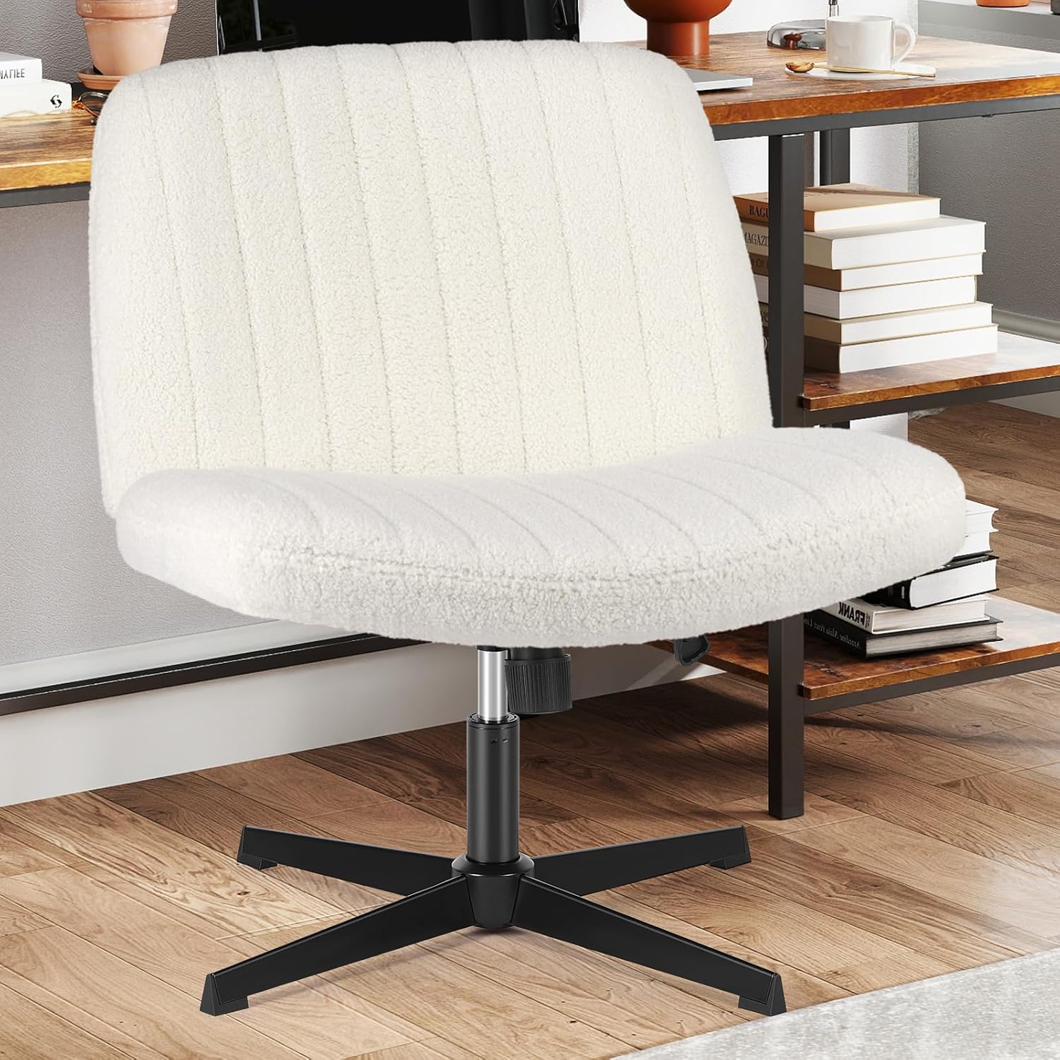 Sweetcrispy Criss Cross Chair Legged, Armless Office Swivel Desk Chair No Wheels, Vanity Height Adjustable Wide Seat Computer Task Seating - Teddy Cream