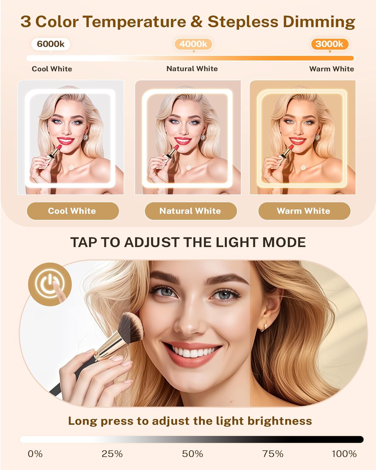 Small Makeup Vanity Desk with Lighted Mirror, White, 23.62" W x 15.74" D x 53.93" H (Smart LED Mirror, Open Shelves, 2 Drawers)