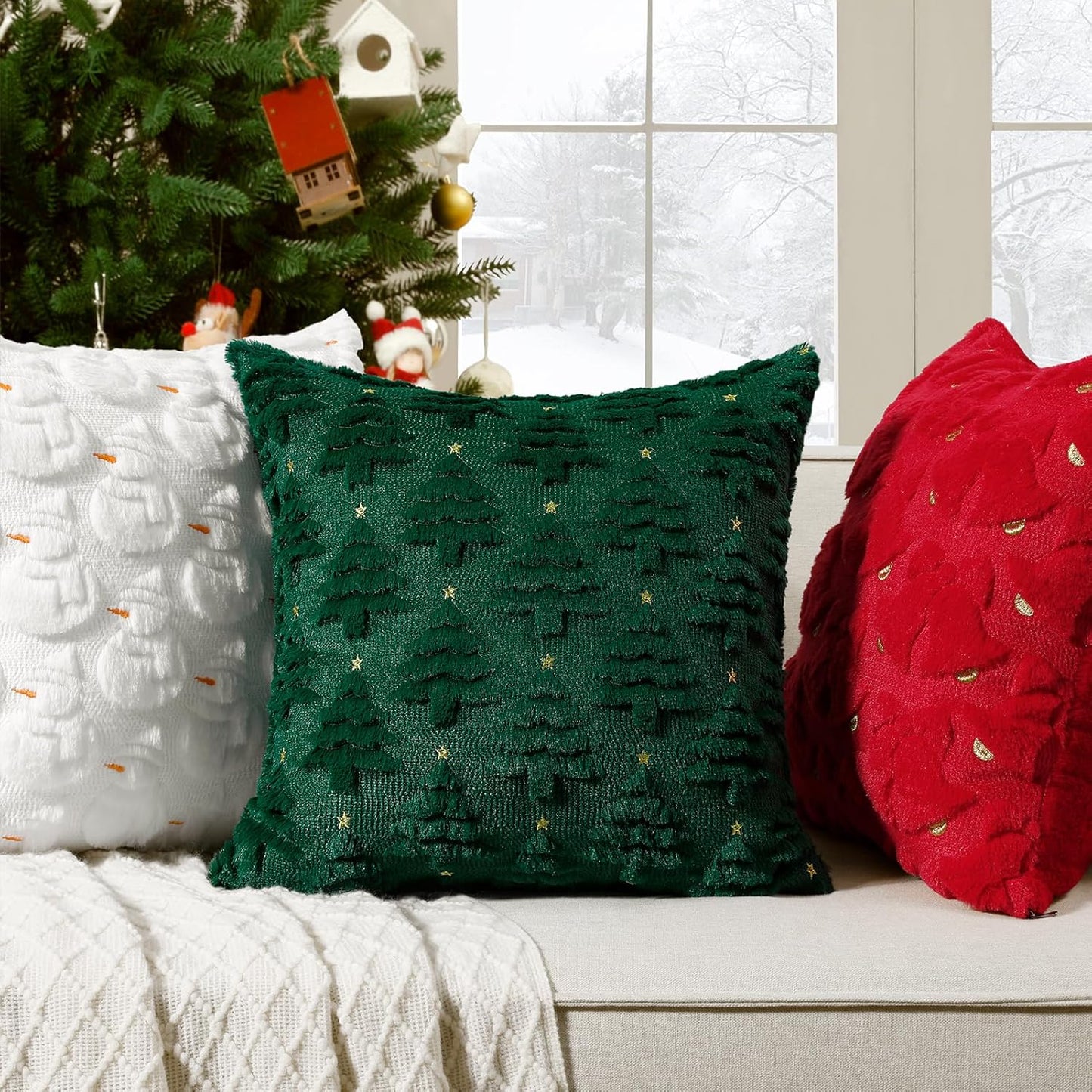 Softalker Christmas Throw Pillow Covers 18 x 18 Inch Set of 2, Xmas Winter Christmas Tree Faux Fur Cushion Covers, 3D Embroidered Pillow Cases for Couch Bedroom Living Room Decor, Green