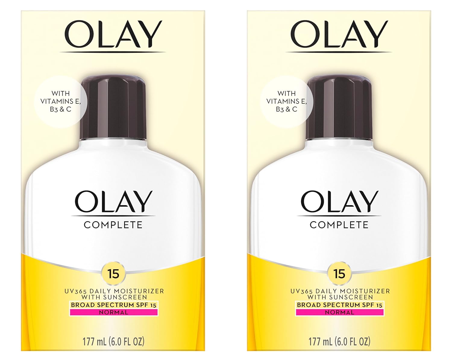 Olay Face Moisturizer, Complete with Sunscreen SPF 15, Daily Facial Lotion for Normal Skin, Lightweight Hydrating Broad Spectrum Sun Protection - Vitamin C, E, and Niacinamide - 6 Oz 2 Pack