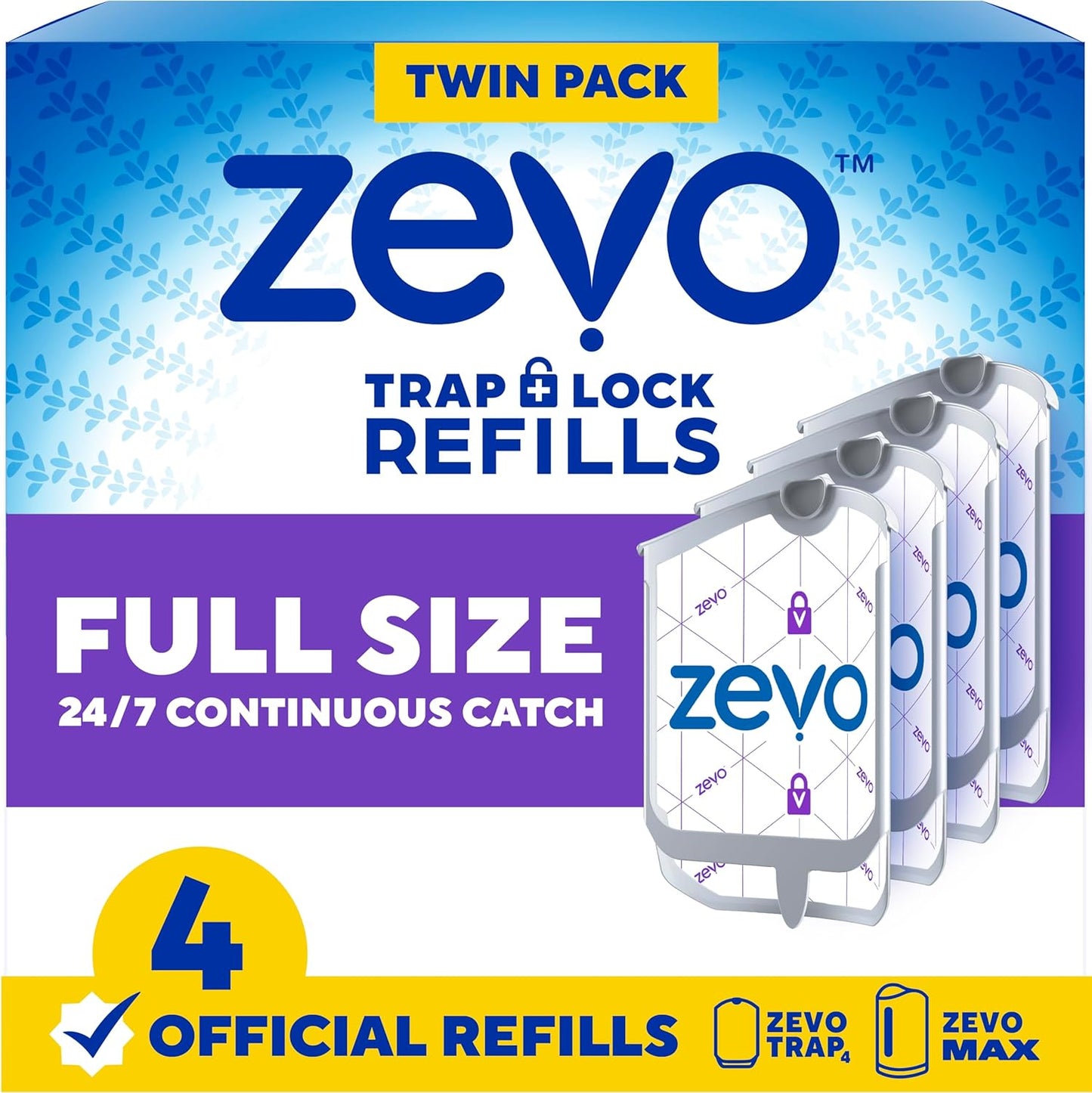 Zevo Flying Insect Trap Refill - for The Zevo MAX & Standard Indoor Fly Trap - Catch Gnats, House & Fruit Flies - Easy to Use - Mess-Free Disposal (4 Refill Cartridges)