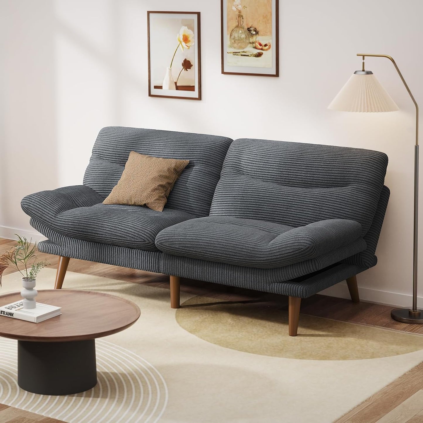 Pipishell Convertible Futon Sofa Bed,66" Corduroy Futon Couch with Adjustable Backrest and Armrests, Recliner Sleeper Sofa for Small Spaces, Play Room or Office, Grey