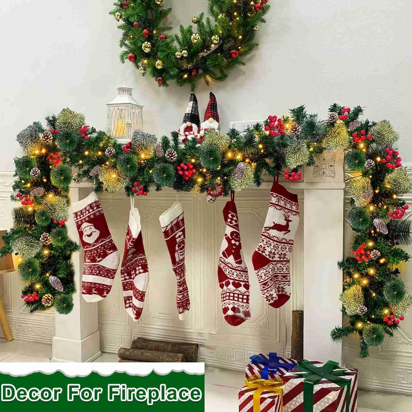 Auto Timer & 8 Modes 9Ft by 10 Inch 50 LED Prelit Christmas Garland Decorations Warm Lights Thick 270 Lifelike Snowy Tips 70 Red Berries 10 Pinecones Xmas Garland Fireplace Door Stairs Home Outdoor