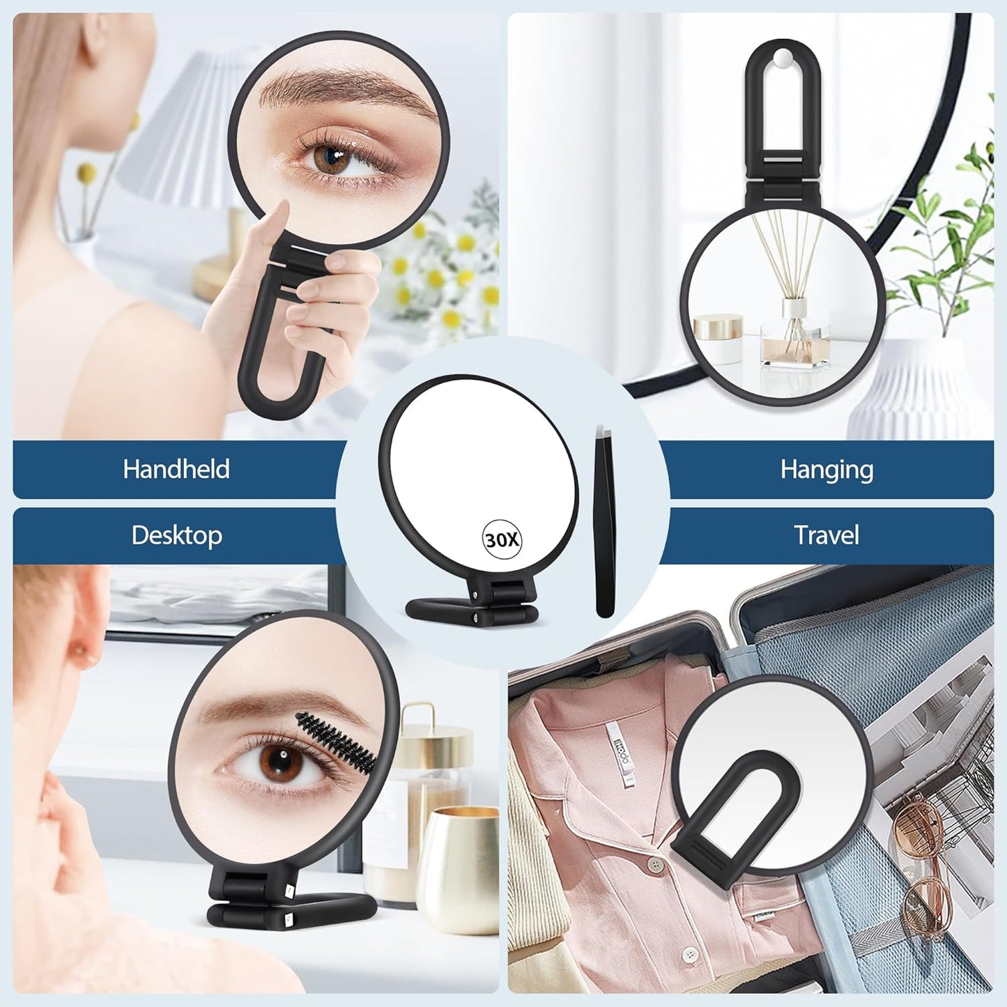 B Beauty Planet 30X Magnifying Mirror, Hand Mirror with Handle, Double Sided Hand Mirror with 30X/1X Magnification, Travel Essential Portable Foldable Makeup Mirror for Precision Makeup Black