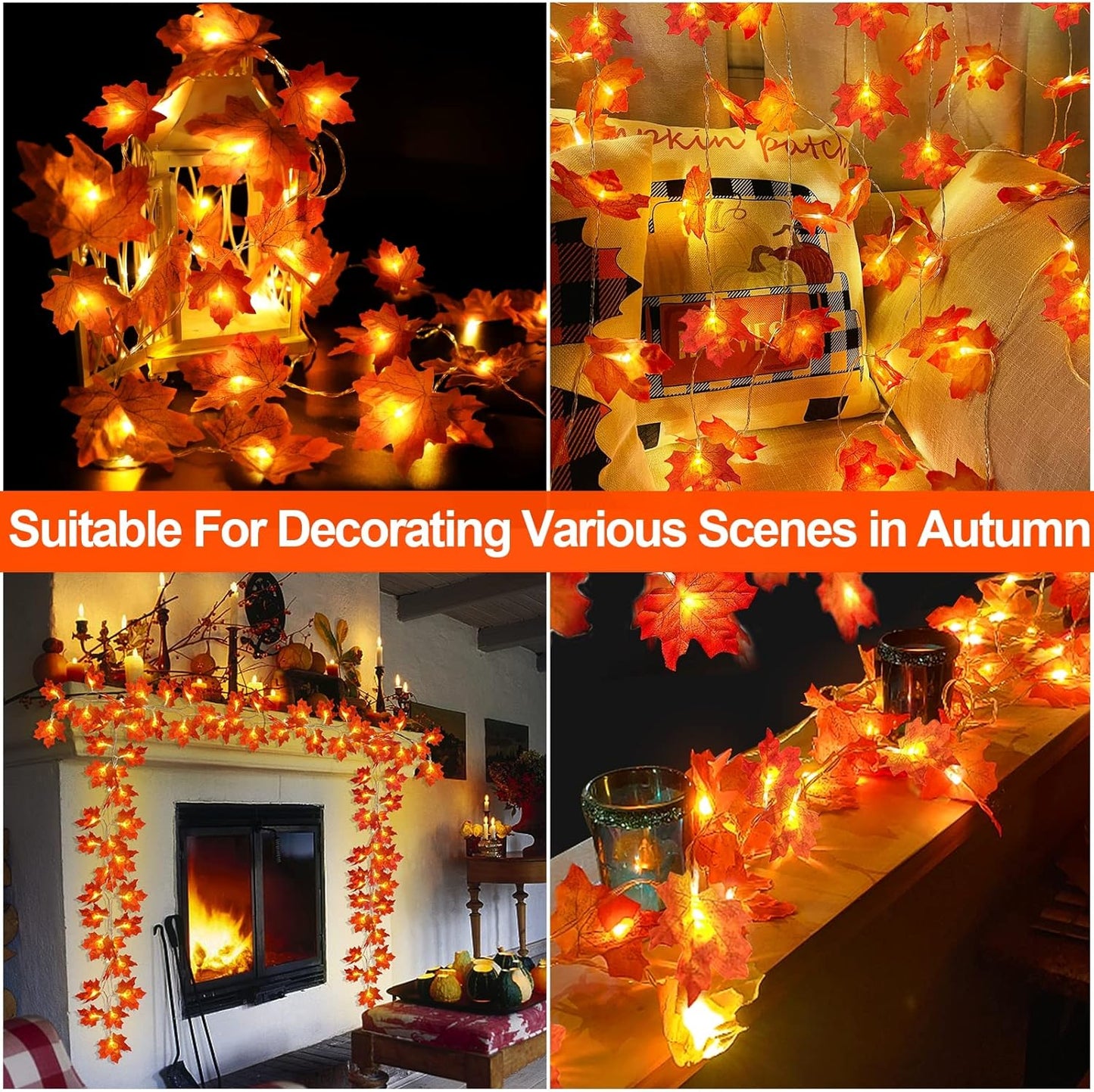 TURNMEON 2 Pack Fall Decor Enlarged Maples Leafed Lights Total 20Ft 40LED Thanksgiving Halloween Fall Decorations for Home,Battery Operated Autumn Garland Waterproof Indoor Outdoor Holiday Christmas