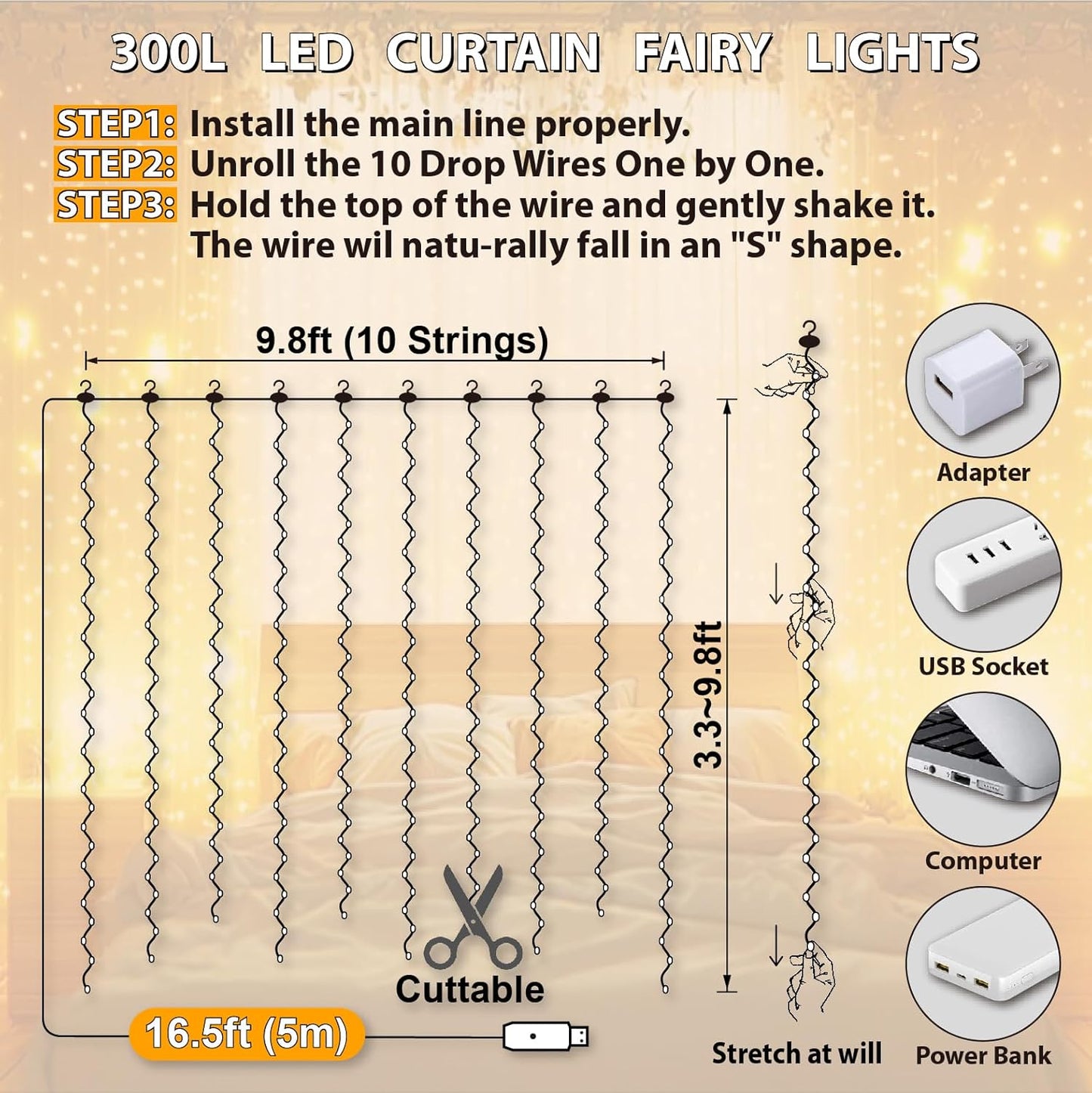 HXWEIYE 300LED Fairy Curtain Lights, 9.8x9.8Ft Warm White USB Plug in 8 Modes Christmas String Hanging Lights with Remote for Bedroom, Indoor, Outdoor, Weddings, Party