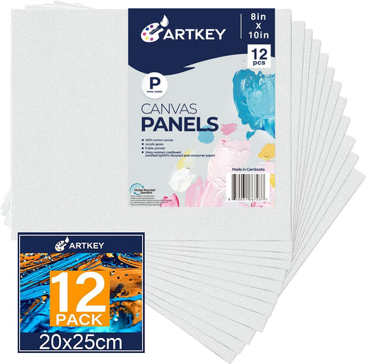 Artkey Canvases for Painting 8x10 Inch 12-Pack, 10 oz Primed 100% Cotton White Blank Canvas Boards for Painting, Art Supplies Paint Canvas Panels for Acrylic Oil Watercolor Tempera Paints