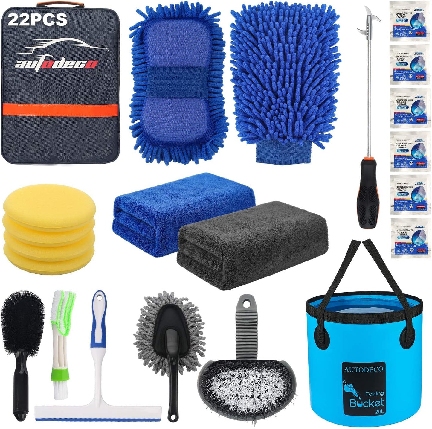 AUTODECO 22Pcs Car Wash Cleaning Tools Kit Car Detailing Set with Blue Canvas Bag Collapsible Bucket Wash Mitt Sponge Towels Tire Brush Window Scraper Duster Complete Interior Car Care Kit