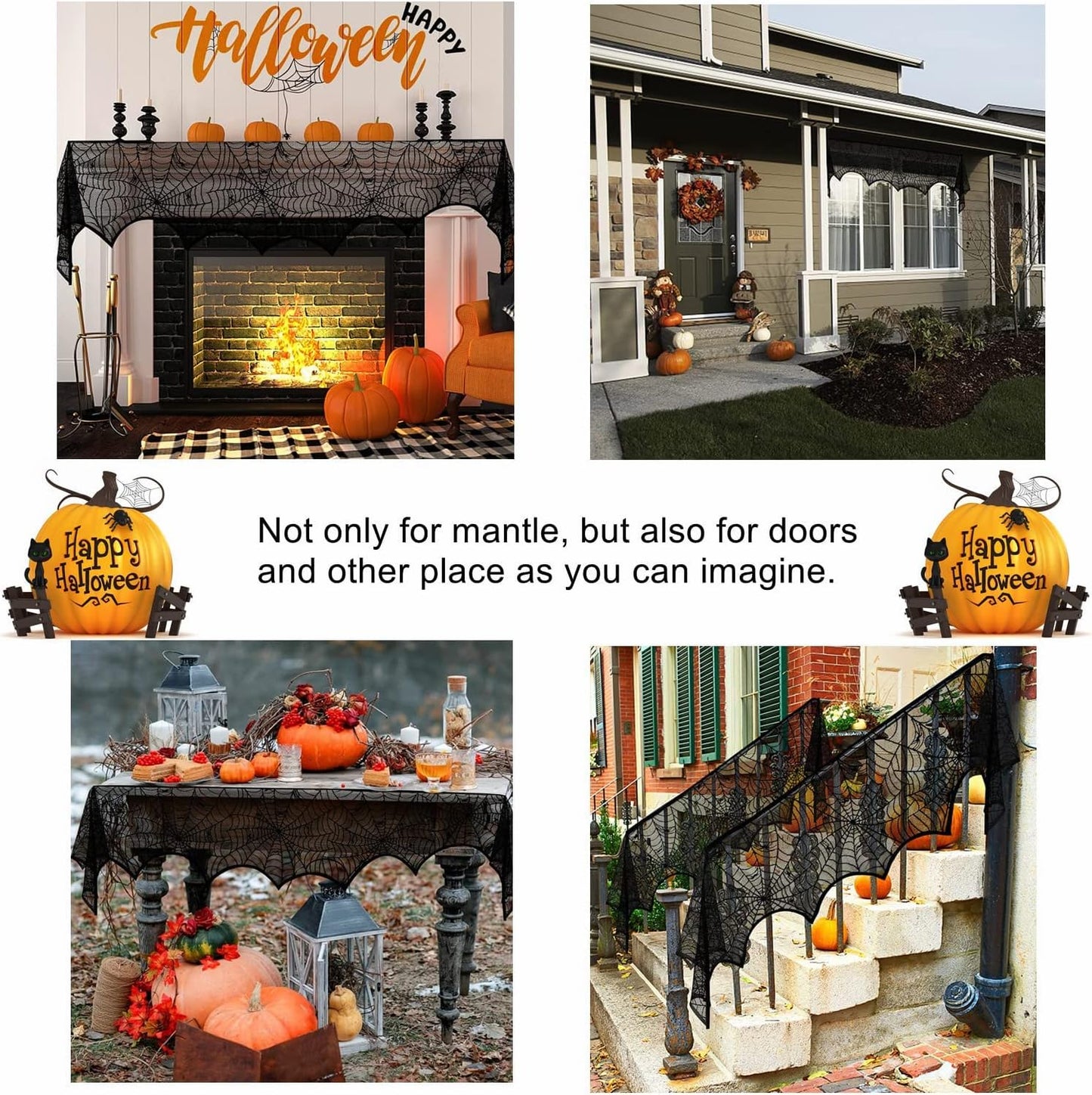 Halloween Fireplace Mantle Decorations, Black Lace Spiderweb Fireplace Mantel Scarf Cover Garland for Festive Party Supplies Decor 18 x 98 inch (Black)