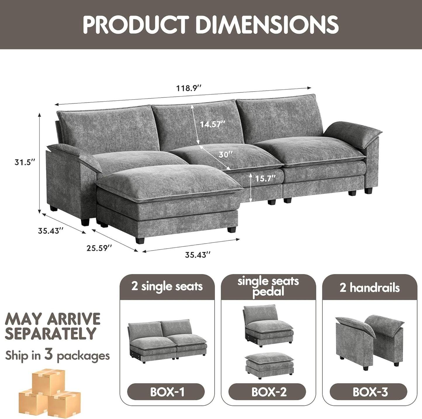 Homall 119" Modular Sectional Sofa, L Shaped Sofa Couch with Reversible Ottoman, DIY Combination Chenille Deep 3-Seat Cloud Couch for Living Room, Apartment (Light Grey, L Shaped Sofa)