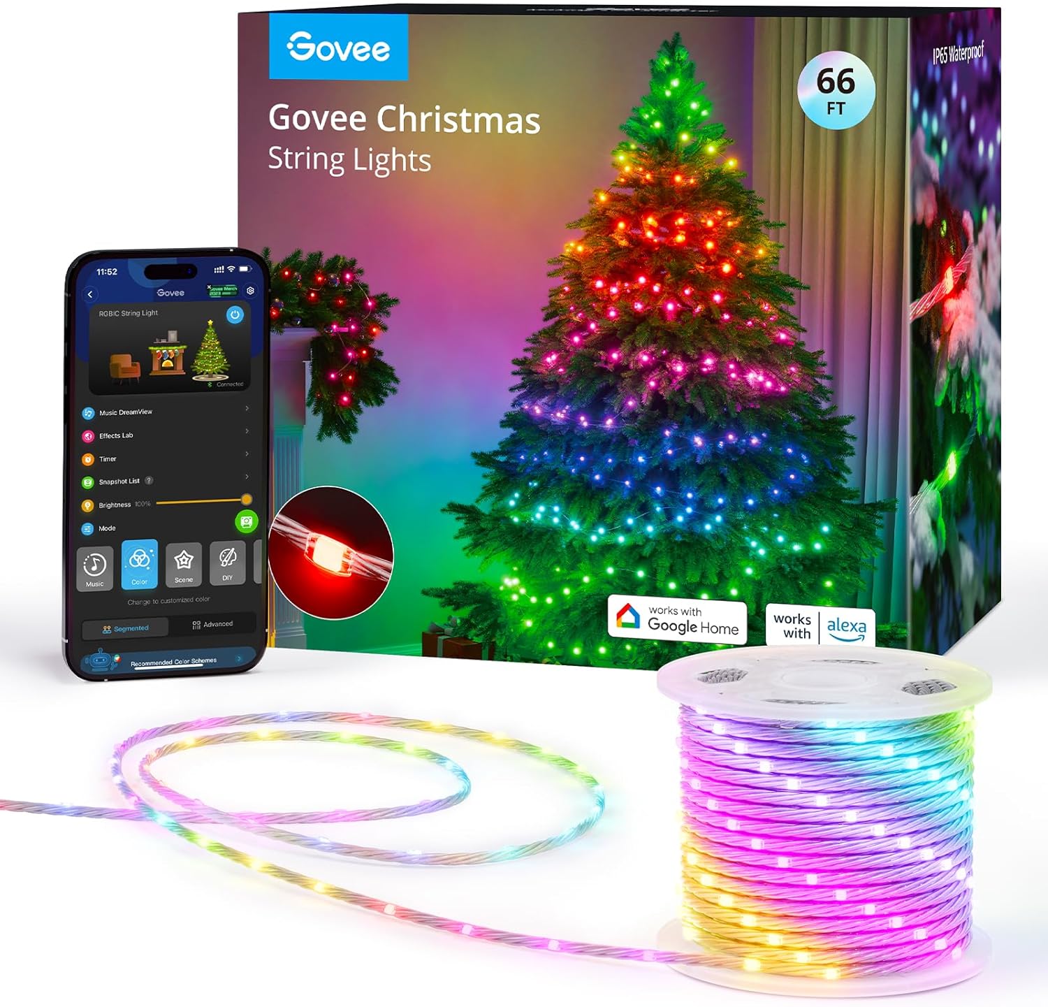 Govee Christmas Lights 66ft, Smart RGBIC String Lights App-Controlled, 125+ Scene Modes, IP65 Waterproof, Sync with Music, Works with Alexa, Holiday Party Decorations Indoor Outdoor