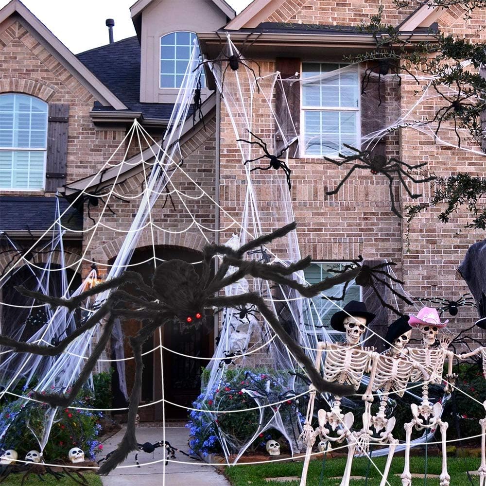 200" Halloween Spider Web + 59" Giant Spider Decorations Fake Spiders with Triangular Huge Spiders Web for Indoor Outdoor Halloween Decorations Yard Home Costumes Parties Haunted House Décor