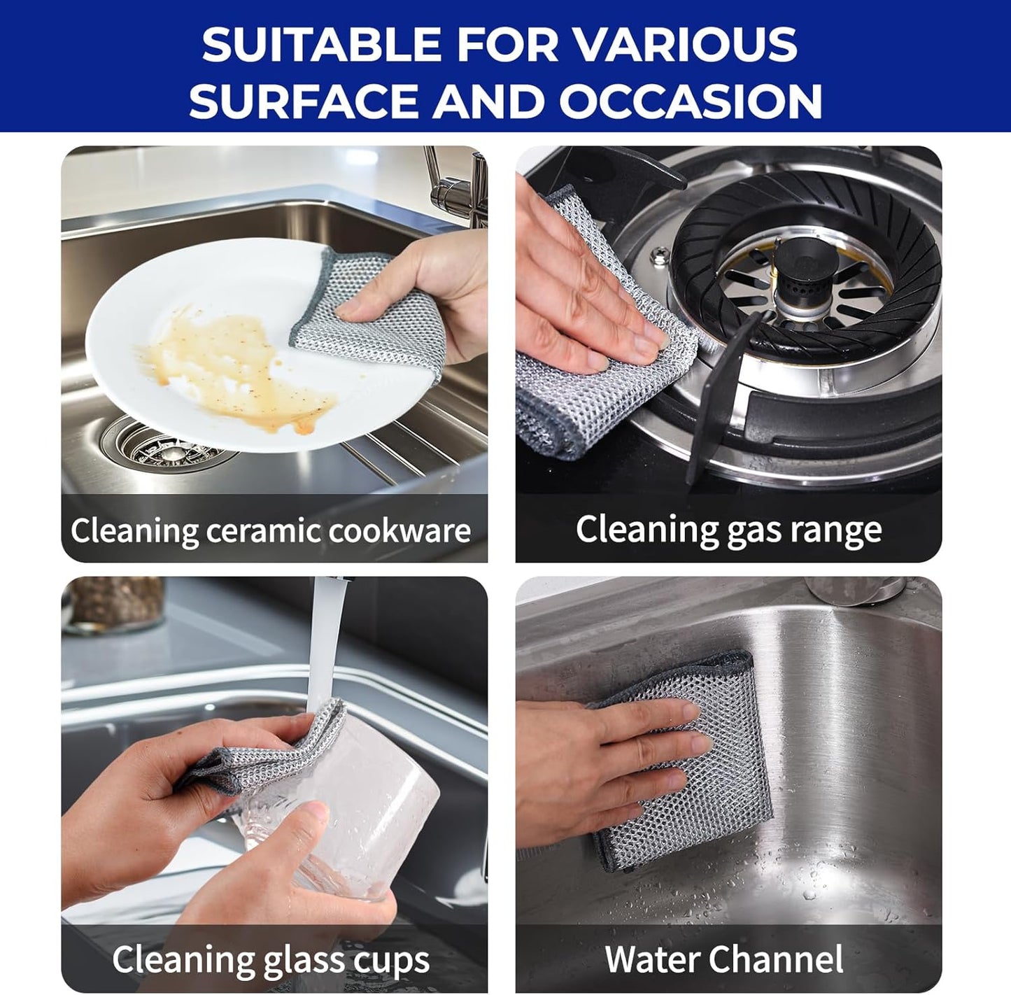 12 PCS New Upgrade 3-Layer Non-Scratch Multipurpose Steel Wire Dishcloths - Reusable Quick-Dry Odor-Free Scrub Cloths for Dishes, Kitchen Cleaning Cloths for Cookware, Sinks, Stove Tops 7.87“ x 7.87”