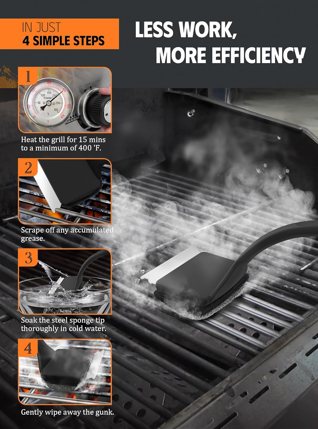 MEKER Grill Brush Bristle Free, Grill Cleaner Brush with 5 BBQ Replacement Head for Cast Iron, Stainless Steel Grates, Safe Grill Scraper Outdoor BBQ Grill, Black