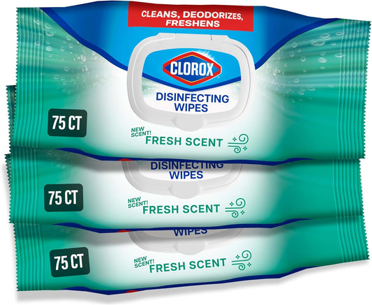 Clorox Disinfecting Wipes, Bleach Free Cleaning Wipes, Household Essentials, Dorm Room Essentials, Fresh Scent, Moisture Seal Lid, 75 Wipes, Pack of 3 (New Packaging)