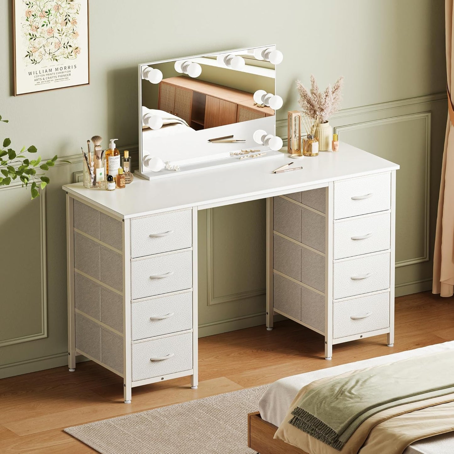 Huuger 47 Inch Vanity Desk with 8 Fabric Drawers, White Desk, Computer Desk with Large Storage, Drawers, for Home Office, Bedroom