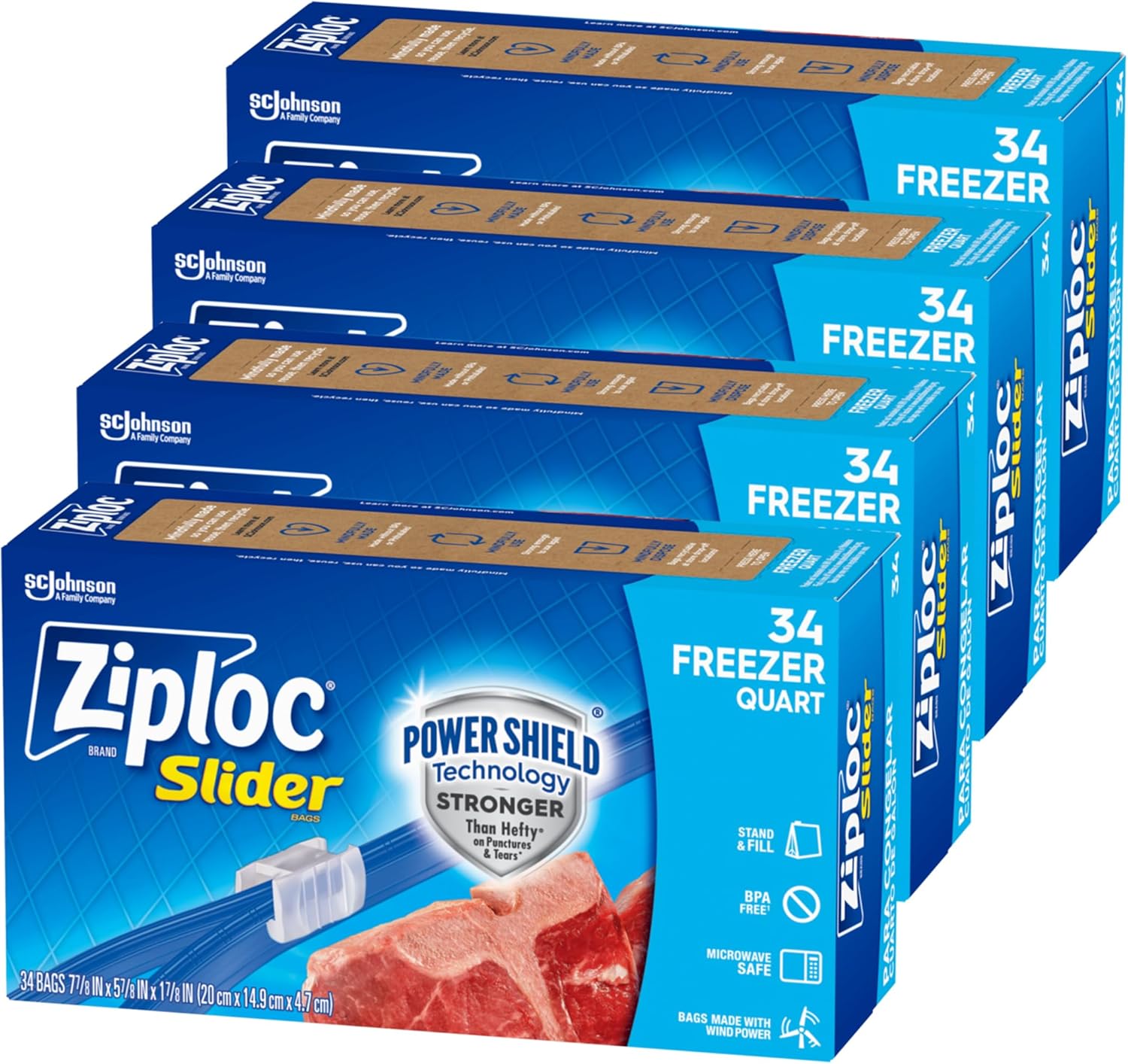 Ziploc Quart Food Storage Freezer Slider Bags, Power Shield Technology for More Durability, 34 count, 4 Pack, 136 Total (Packaging May Vary)