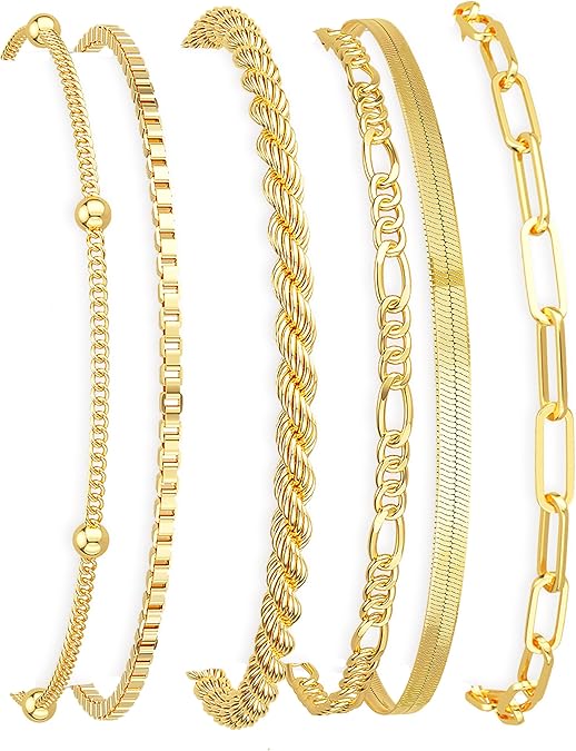 DEARMAY Gold Bracelets for Women Waterproof, 14K Gold Plated Jewelry Sets Trendy Thin Dainty Stackable Cuban Link Paperclip Chain Bracelet Pack Fashion Accessories Gifts for Womens