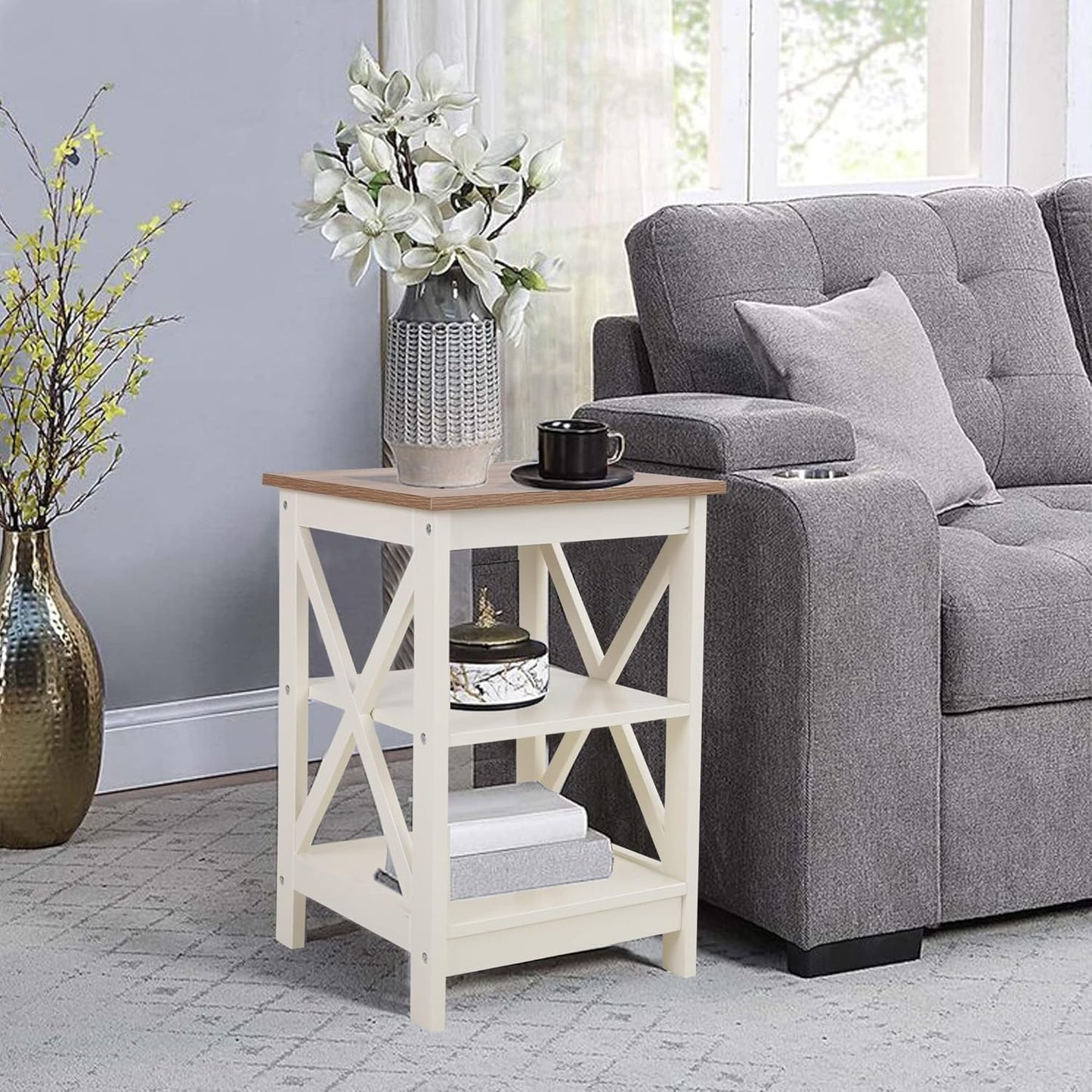 PHI VILLA End Table Living Room Set of 2, Farmhouse Bed Side Table Nightstands for Bedroom, Ivory White Small Side Table