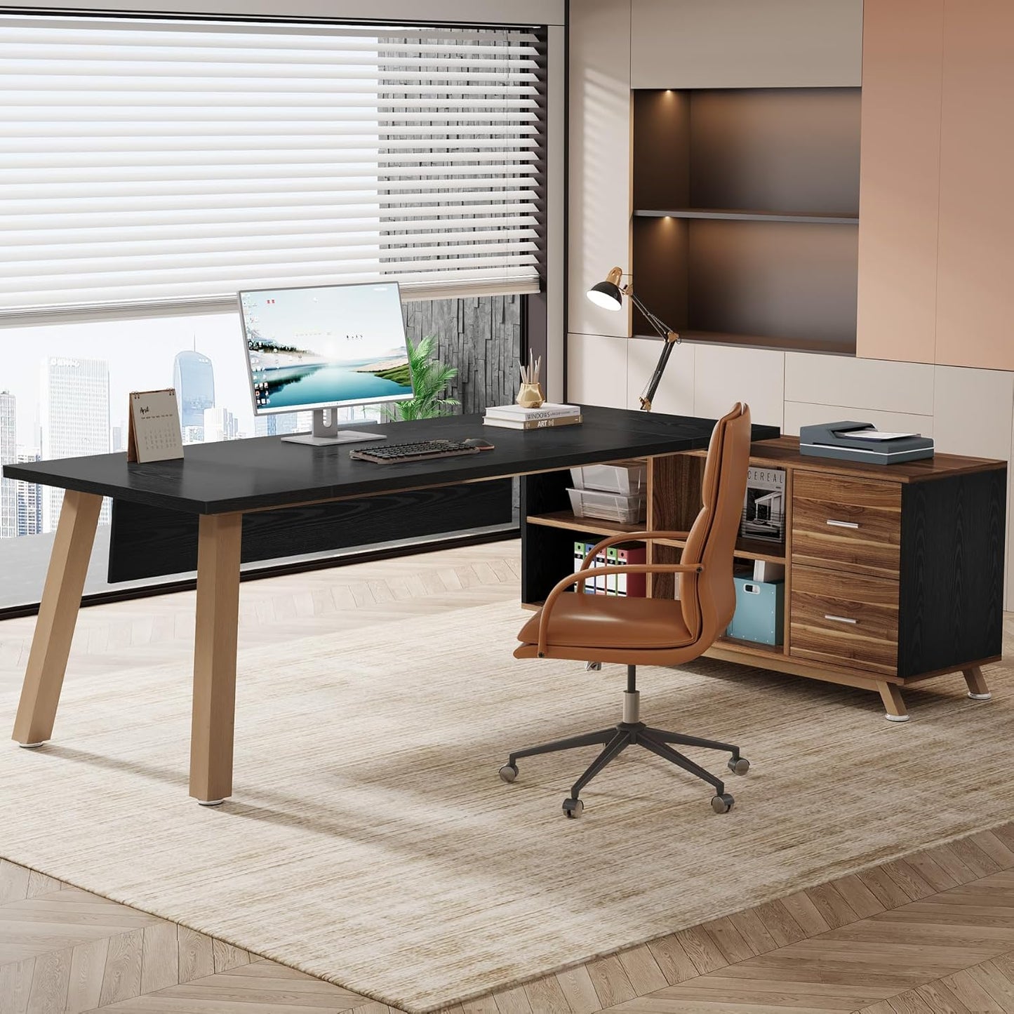 Tribesigns 78.7-Inch Executive Desk, L-Shaped Desk with 55-Inch Cabinet, Large Office Desk with Storage Shelves, Modern Computer Desk for Home Office, Black & Walnut