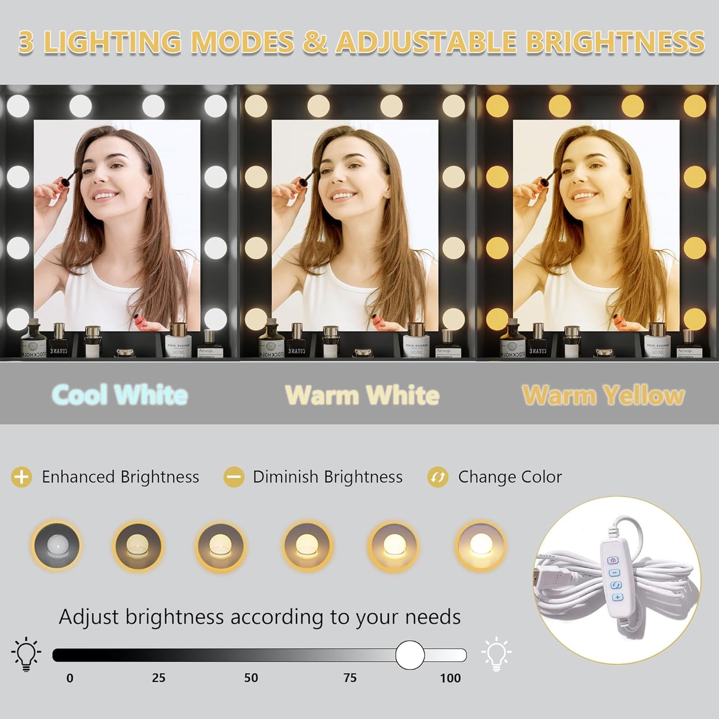 Makeup Vanity Desk with Mirror and Lights, Black Vanity Table Set with Storage Drawers, Charging Station, Cabinets & Chair, Large Dressing Table with RGB Ambient Light for Women Girls Bedroom Bathroom