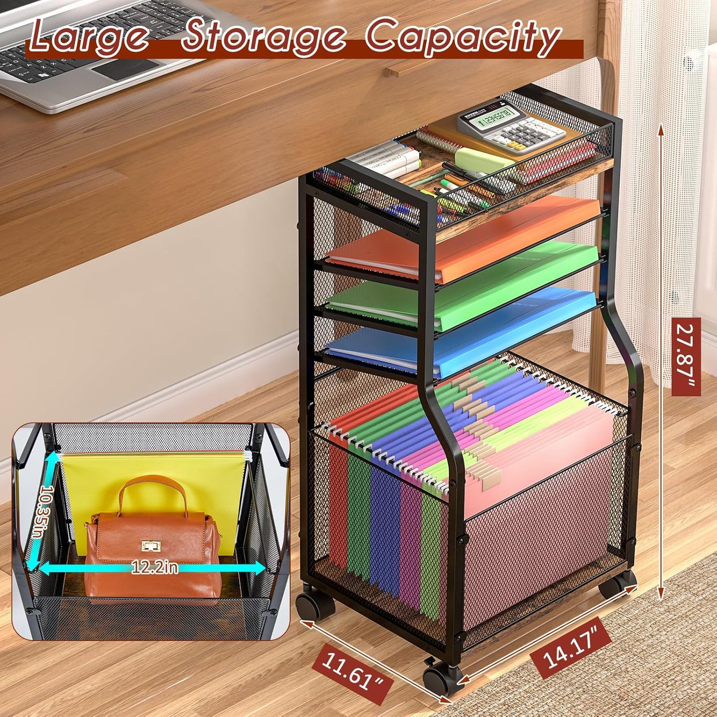 5-Tier Rolling File Cart with Hanging File Folders, Mobile Desk File Organizer on Lockable Wheels, Wood & Mesh Paper Letter Sliding Trays Organization for Office, Home, School, Patent