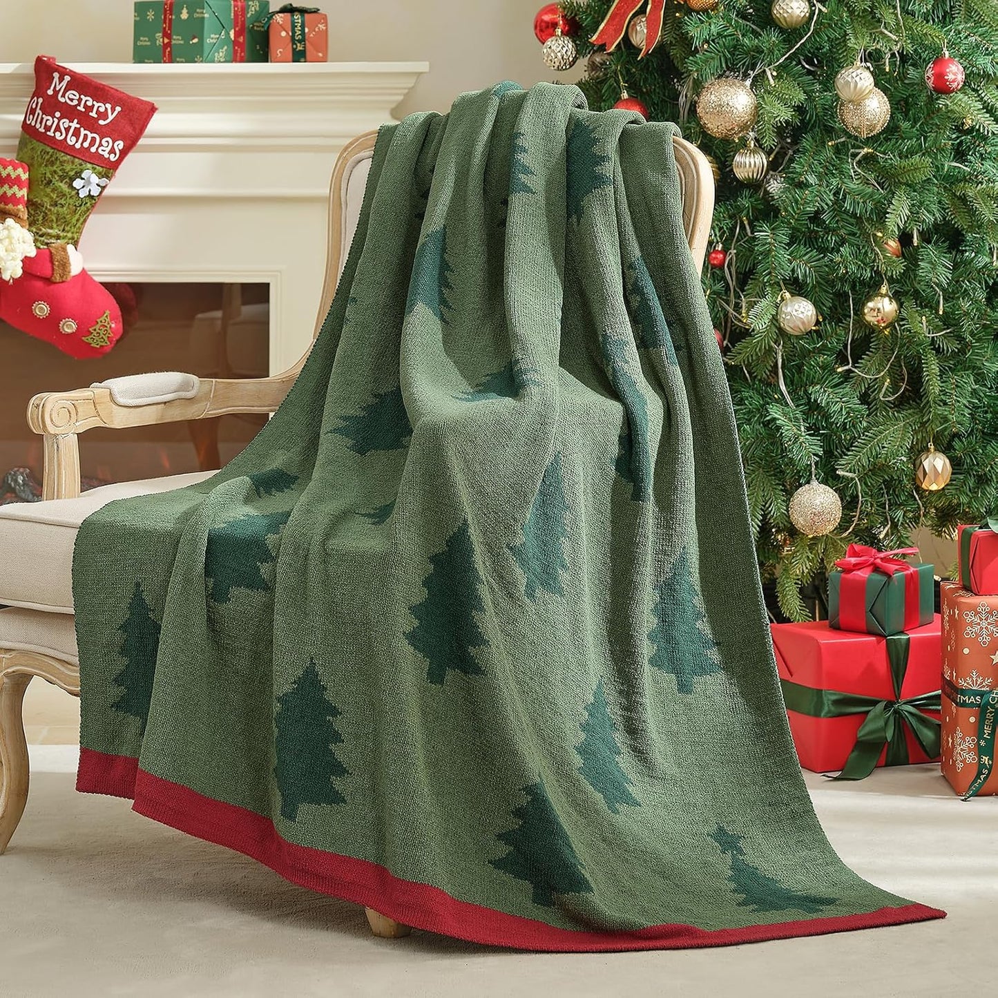 Amélie Home Christmas Throw Blanket for Couch, Reversible Pattern Christmas Tree Themed, Chenille Knit Xams Soft Cozy for Bed Home Decor Gift for Family, 50" x 60", Christmas Tree