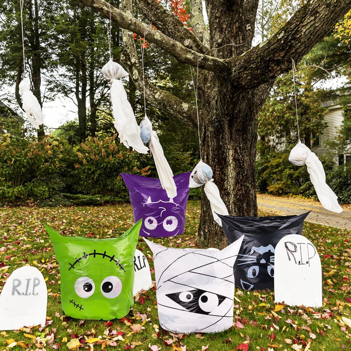 POPGIFTU 12 Pack Halloween Lawn Leaf Bags - Heavy Duty Plastic Trash Bags with Twist Ties, 6 Designs Large Pumpkin Yard Waste Bags for Garden, Lawn, Porch, Indoor Outdoor Halloween Decorations
