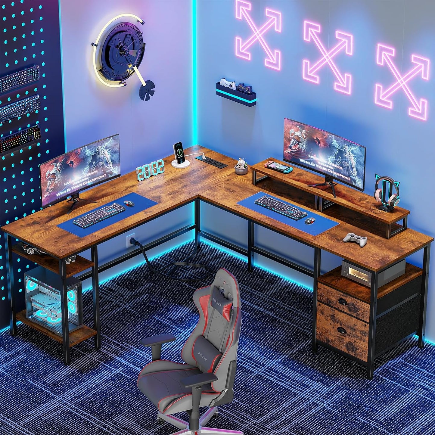 Furologee 66” L Shaped Desk with Power Outlet, Reversible Computer Gaming Desk with File Drawer & 2 Monitor Stands for Home Office with Storage Shelves, Rustic Brown