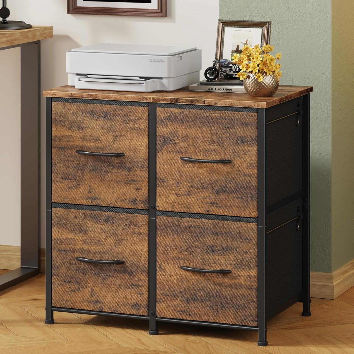 4 Drawer Lateral File Cabinet, Mobile Filing Cabinet for Large Printer, Home Office Functional Small Office Storage Cabinet & Printer Stand, Fits Letter/A4, Rustic Brown