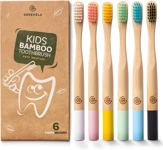 GREENZLA Kids Bamboo Toothbrushes, Natural Toothbrush Set, Soft Bristles, Durable Charcoal Wooden Brushes, Compostable Design for Toddlers and Children, 6 Pack