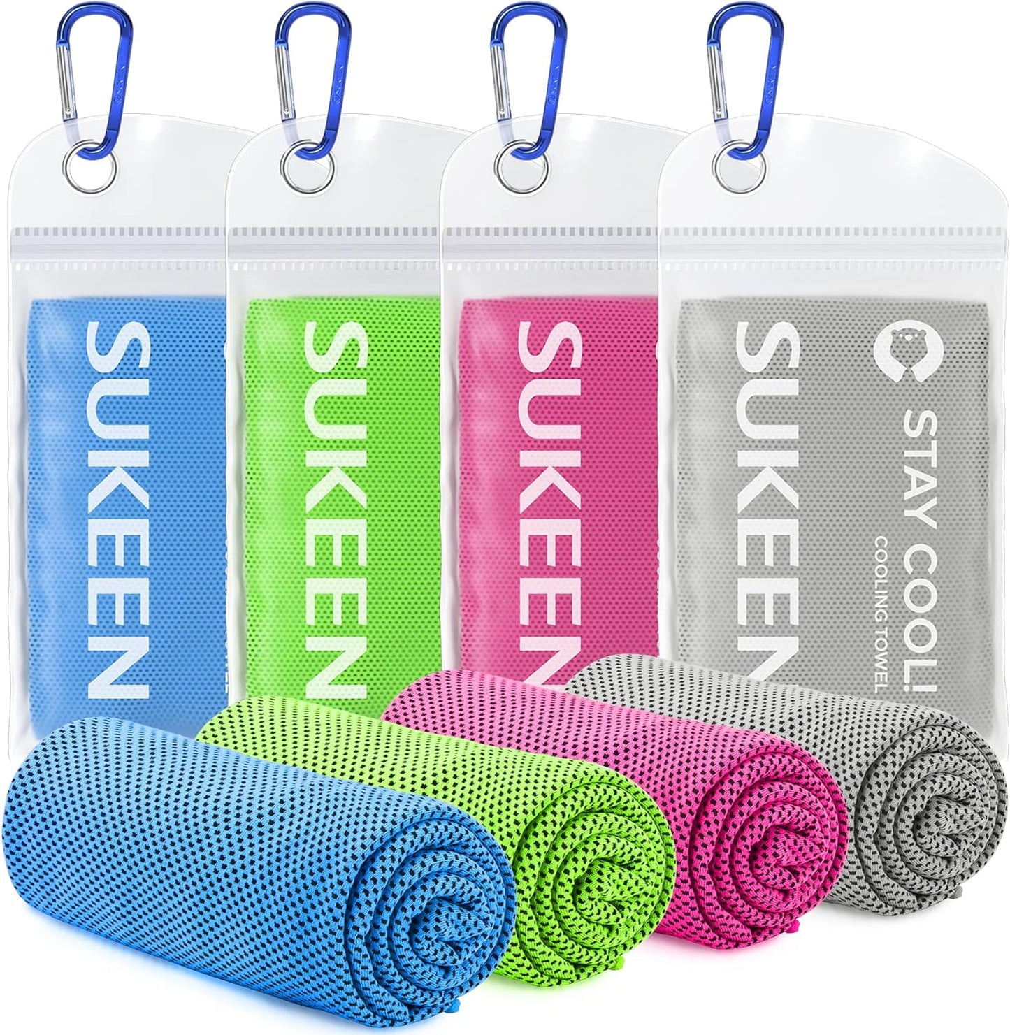 Sukeen 4-Pack Cooling Towels (40"x12") – Instant Relief for Sports, Gym, Workout & Outdoor Activities – Soft, Reusable, Breathable Microfiber with Carry Pouches