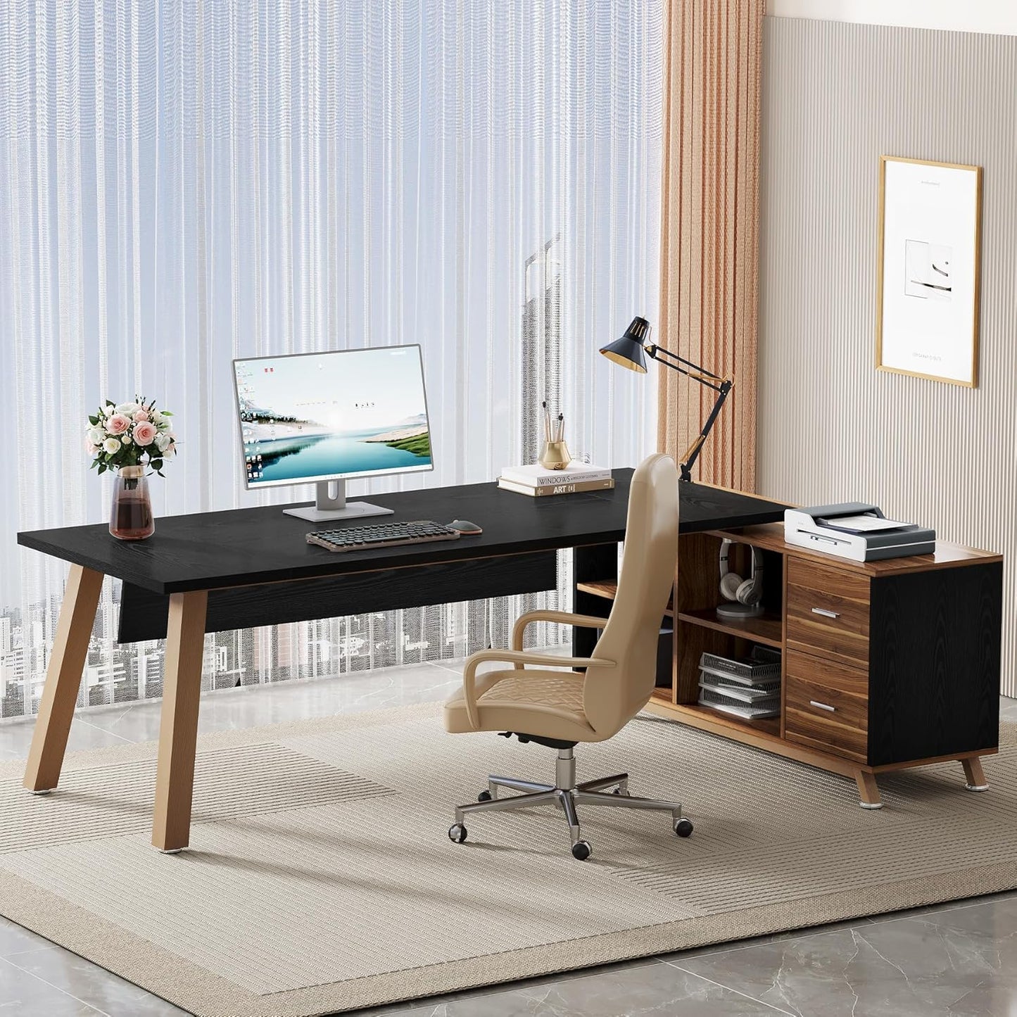 Tribesigns 78.7-Inch Executive Desk, L-Shaped Desk with 55-Inch Cabinet, Large Office Desk with Storage Shelves, Modern Computer Desk for Home Office, Black & Walnut