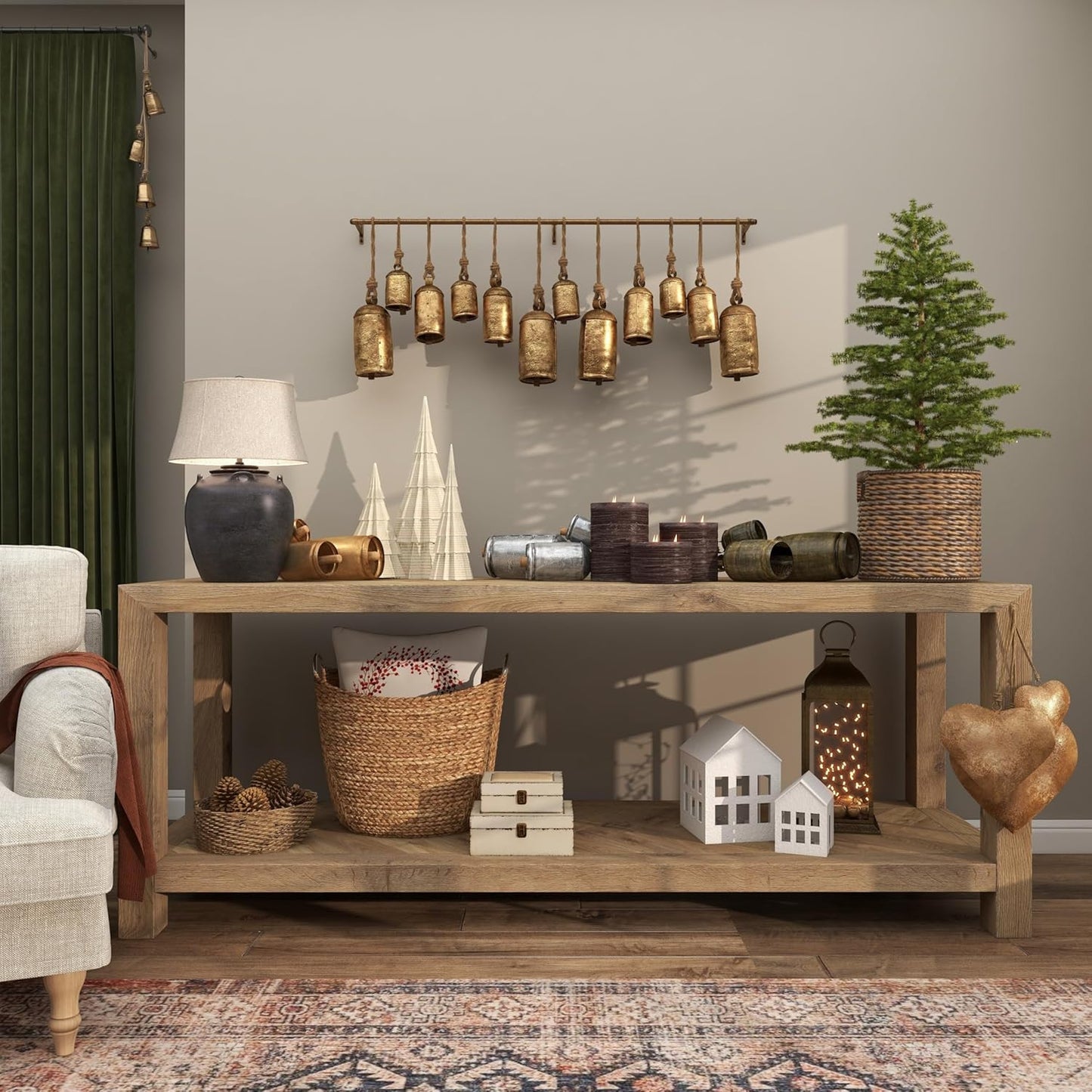 Deco 79 Metal Handmade Tibetan Inspired Decorative Cow Bells with 4 Bells on Jute Hanging Rope, 4" x 3" x 29", Gold