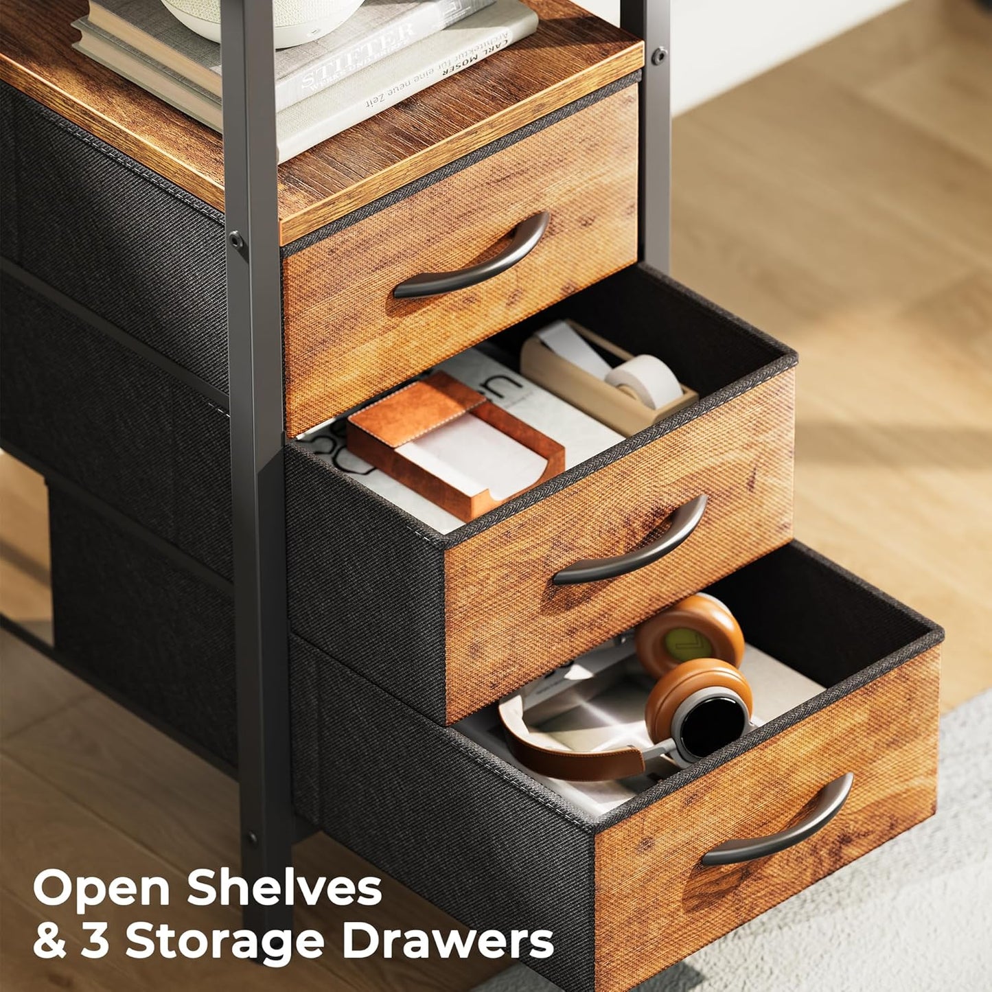 Huuger L Shaped Office Desk with Power Outlets, 47 Inch Computer Desk with 3 Drawers, Shelves, for Gaming, Corner Work, Home Office, Study, Rustic Brown