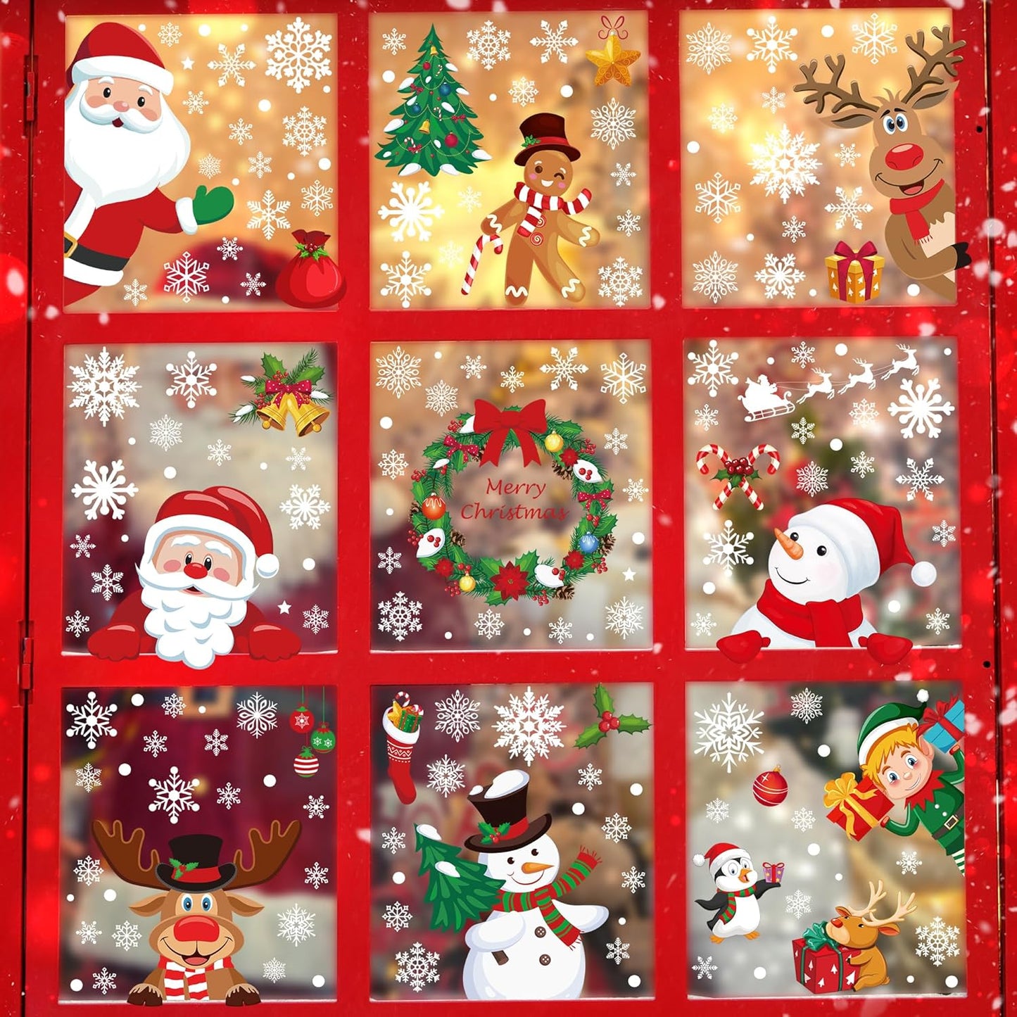 186PCS Christmas Decor, Christmas Window Clings, 9 Sheets Snowflake Window Stickers Decals with Santa Claus Snowman Reindeer, PVC Xmas Decorations Clings for Holiday Party Decorations Accessories