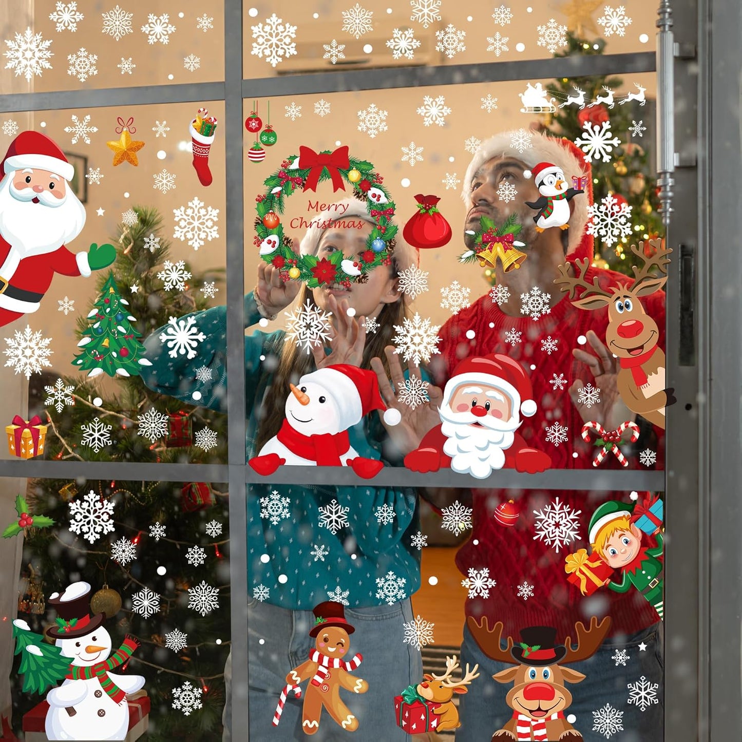 186PCS Christmas Decor, Christmas Window Clings, 9 Sheets Snowflake Window Stickers Decals with Santa Claus Snowman Reindeer, PVC Xmas Decorations Clings for Holiday Party Decorations Accessories