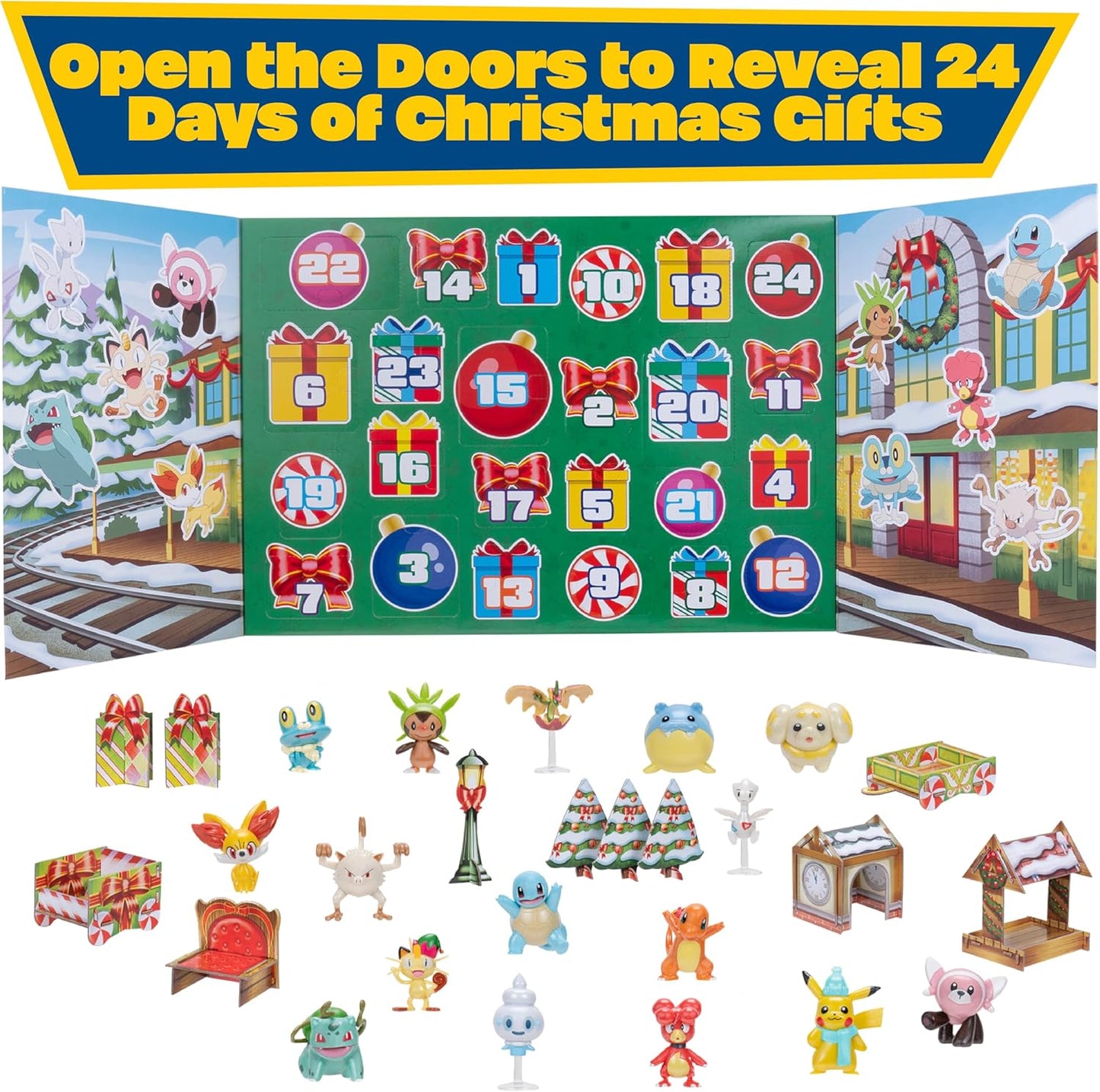 Pokémon 2025 Holiday Christmas Advent Calendar 24 Piece Gift Playset - Officially Licensed - Includes 2" Pikachu, Bulbasaur, Charmander & More - 16 Toy Figures & 8 Accessories - Kids, Boys, Girls - 4+