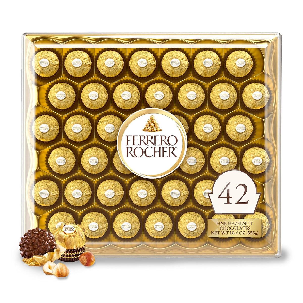 Ferrero Rocher Gourmet Hazelnut Milk Chocolate Valentine's Day Gift Box, 42 Individually Wrapped Chocolates for Gifting, 18.5 oz