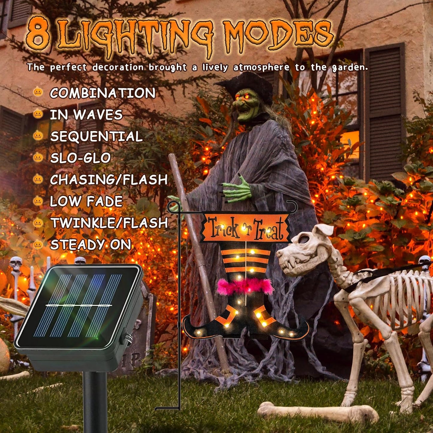 Halloween Trick Or Treat Graden Flag lights without flag pole, Double Sided Witch Feet Flag Banner 17.1*17.2Inch ,16 Warm White LED with 8modes Solar Panel, Decorations for Outdoor,Yard ,Home