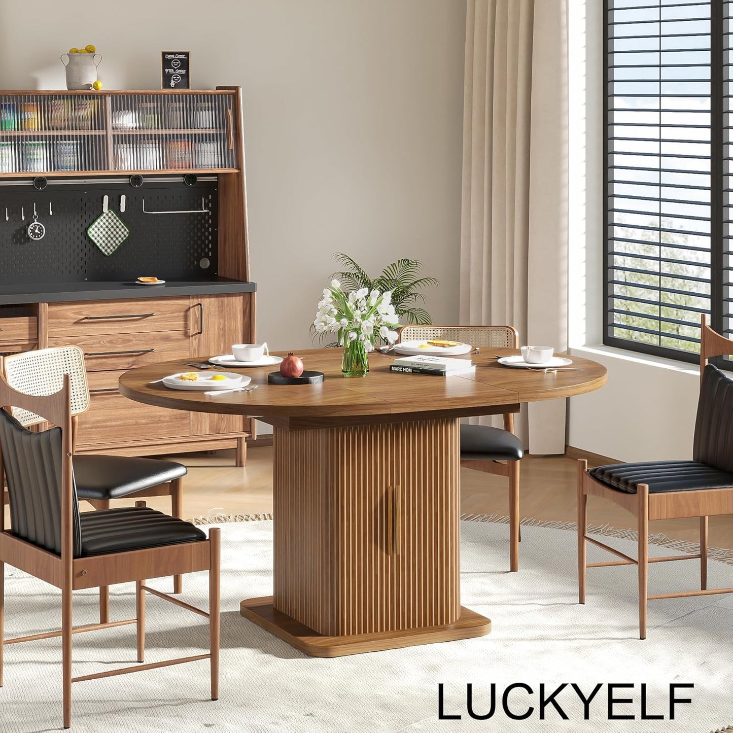 Extendable Round Dining Table for 4-6-8, 59 Inch Dining Room Kitchen Table with Storage, Fluted Wood Slide Door, Modern Oval Circle Dinner Furniture for Living Room, Farmhouse, Brown, Walnut