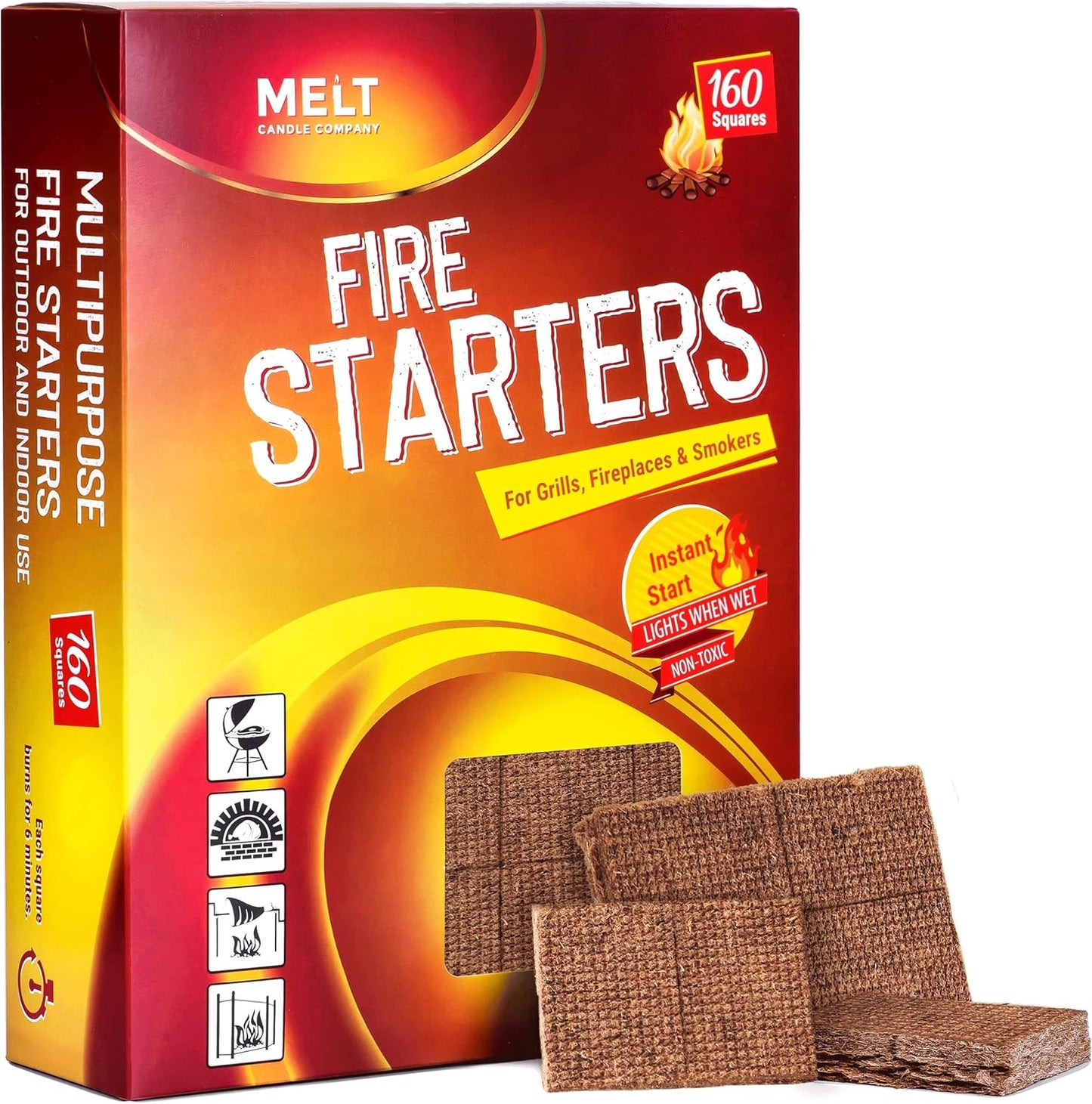 Melt Candle Company Fire Starter Squares, 160 Pieces - Fire Starters Kit for Campfires, Grill, Outdoor Fire Pit, Fireplace, BBQ - Water Resistant & Odorless - Camping Accessories