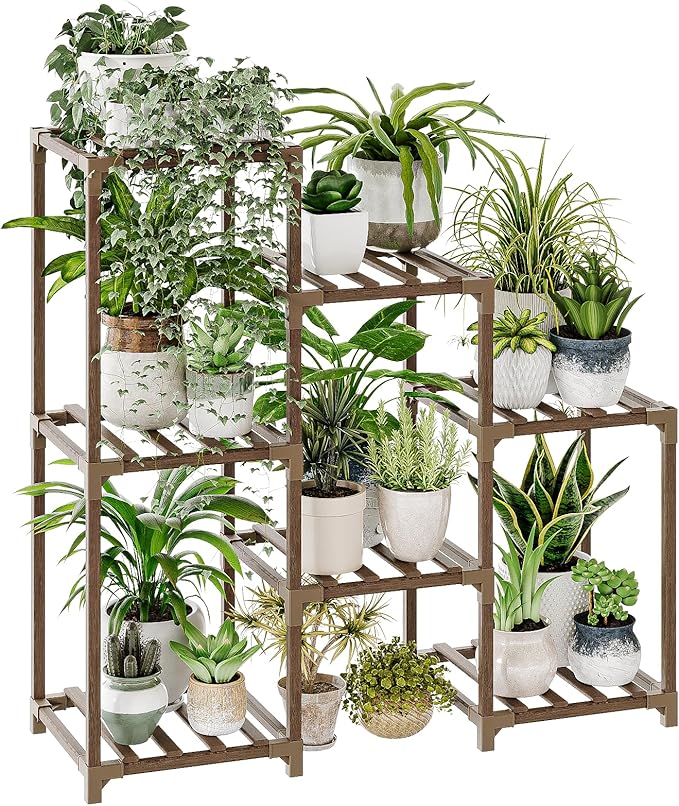 Bamworld Plant Stand Indoor Plant Shelf Outdoor Wood Plant Rack for Multiple Plants 3 Tiers Ladder Plant Pot Holder for Living Room Patio Boho Home Decor for Gardening - Cart Shape