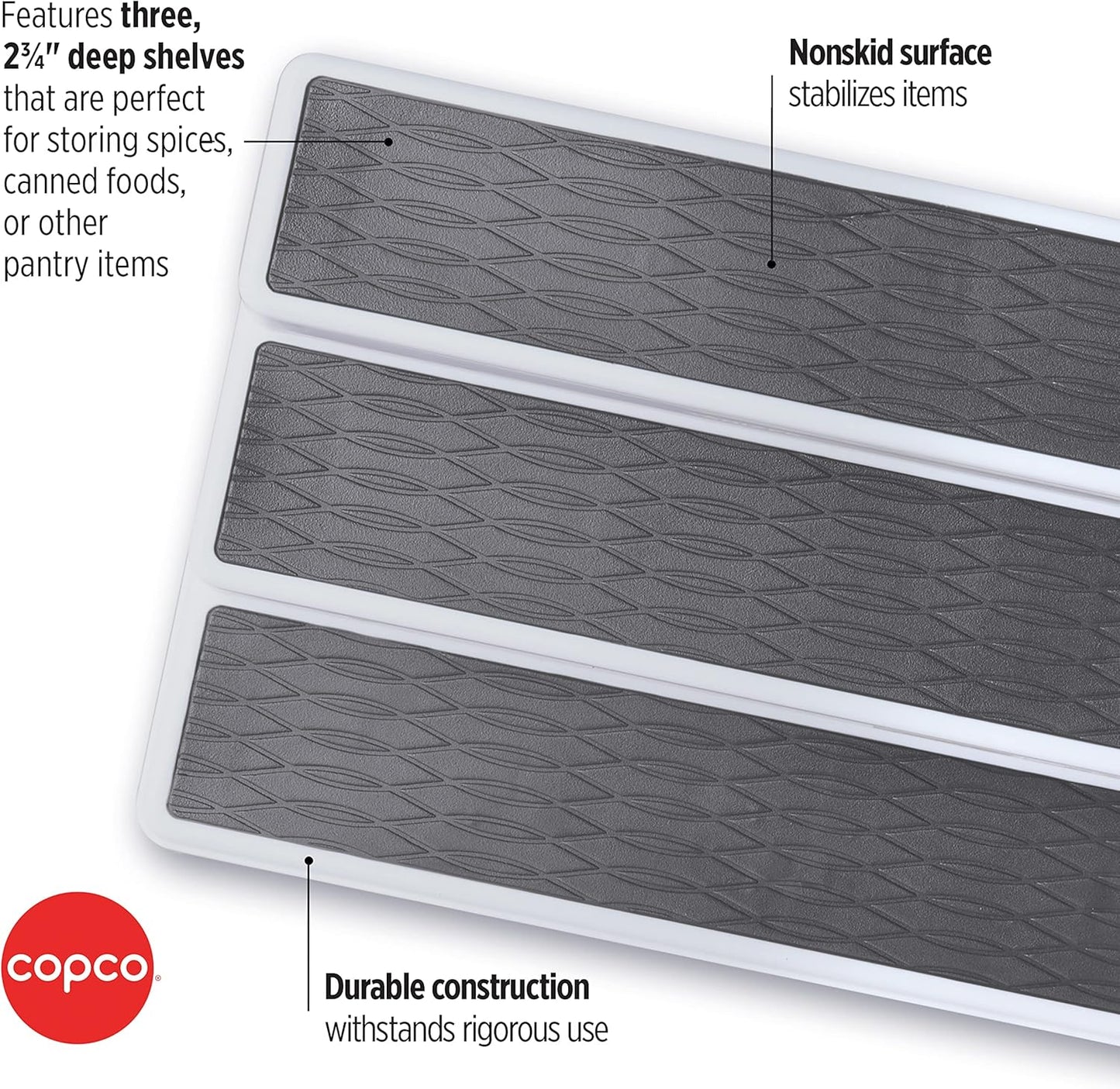 Copco 3-Tier Non-Skid Spice Rack Organizer for Kitchen Cabinet or Pantry, 15-Inch Tiered Shelf, White/Gray, Slip-Resistant Design for Jars and Bottles