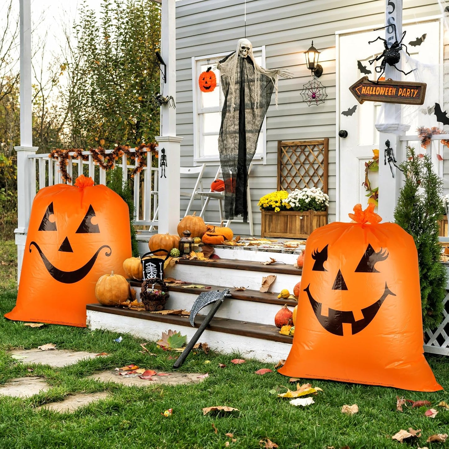 POPGIFTU 12 Pack Halloween Lawn Leaf Bags - Heavy Duty Plastic Trash Bags with Twist Ties, 6 Designs Large Pumpkin Yard Waste Bags for Garden, Lawn, Porch, Indoor Outdoor Halloween Decorations