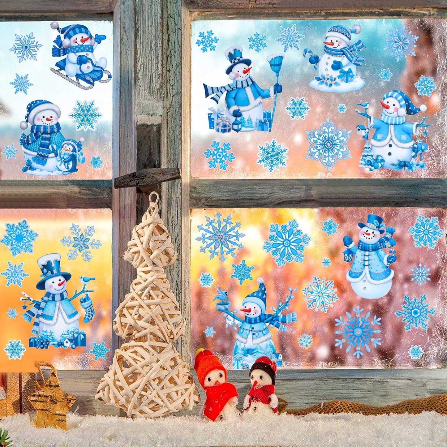 Christmas Window Clings for Glass Snowman Window Stickers Glitter Powder Craft Static Xmas Glitter Window Decals Xmas Snowflake Decals for Christmas Decorations Indoor 4 Sheets