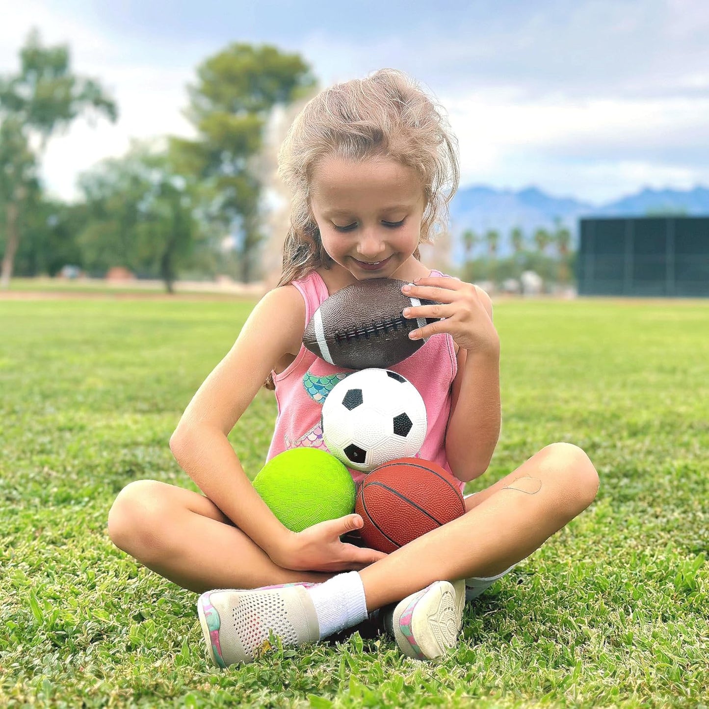 AppleRound 4-Pack Sports Balls for Toddlers & Kids with Pump – 5-Inch Soccer Ball, Basketball, Playground Ball & 6.5-Inch Football – Soft Small Balls for Indoor/Outdoor Play (Ages 2-7)