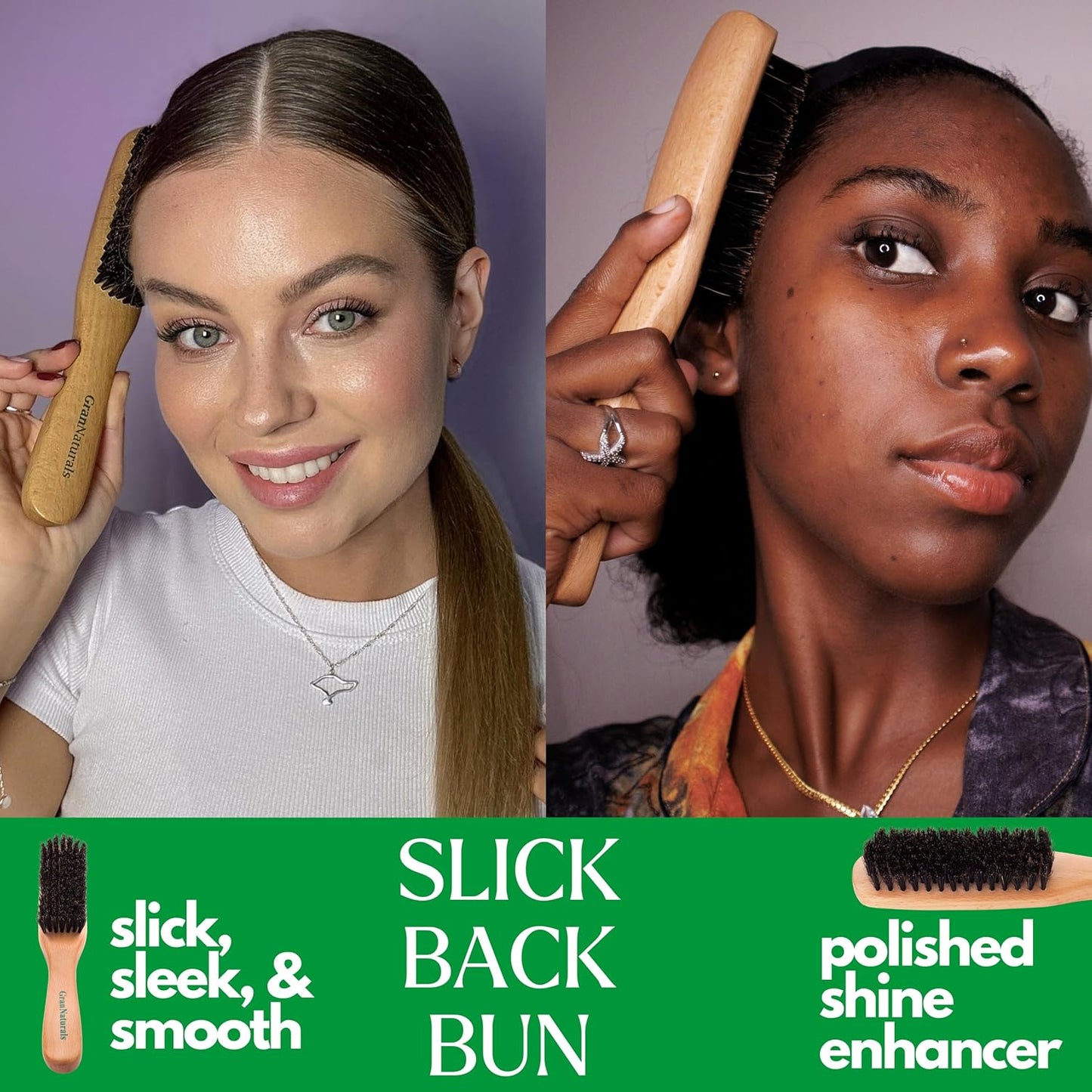 GranNaturals Boar Bristle Slick Back Hair Brush - Soft/Medium Smoothing Hairbrush to Style, Polish, & Lay Hair Down Flat to Create a Sleek Frizz Free Hairstyle for Women and Men - Wooden Handle