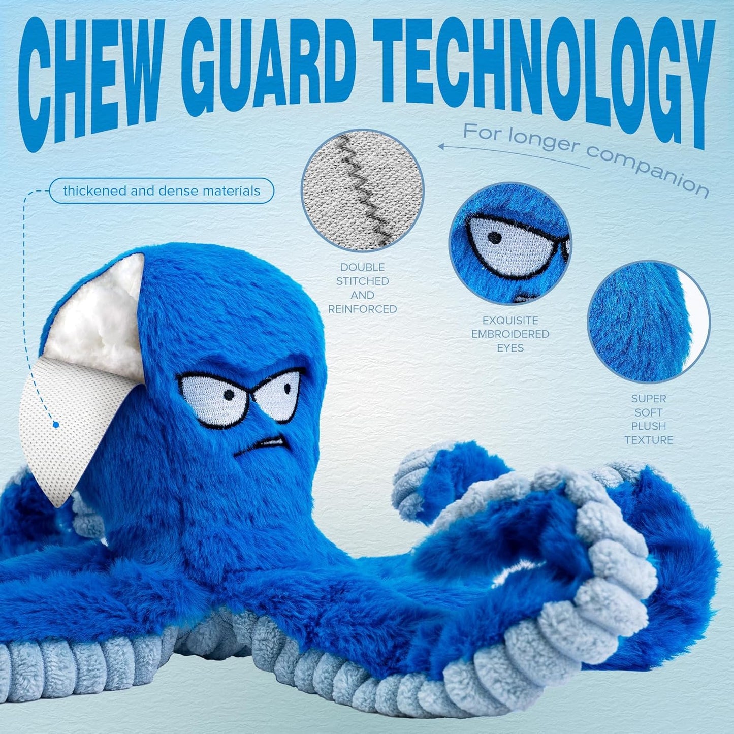 LEGEND SANDY Tough Dog Toys, Stuffed Chew Large Dog Toys to Keep Them Busy, Interactive Squeaky Tug of War Doggie Toy, Crinkle Blue Octopus
